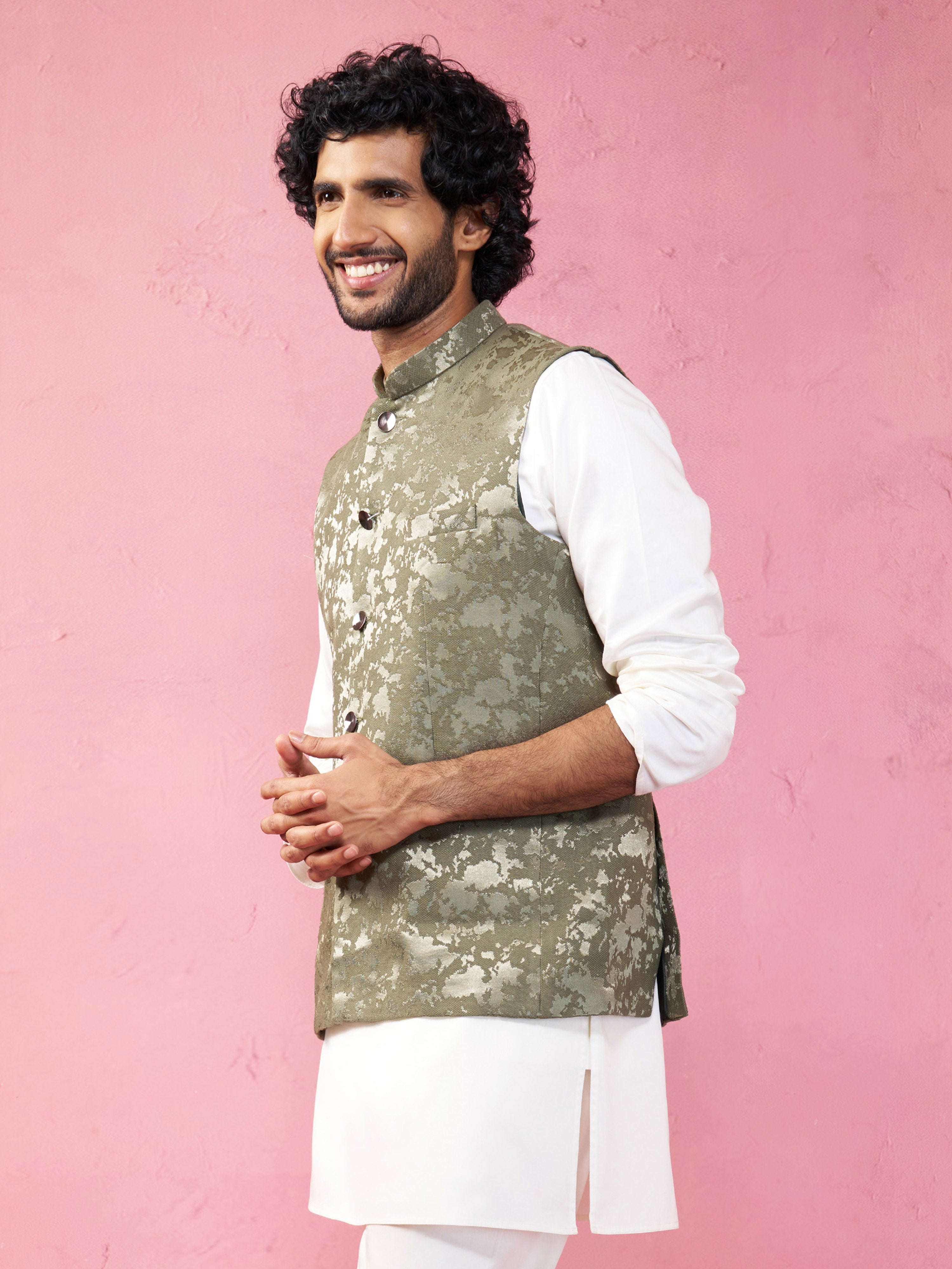 Men's Mehendi Green Monty Jacquard Nehru Jacket