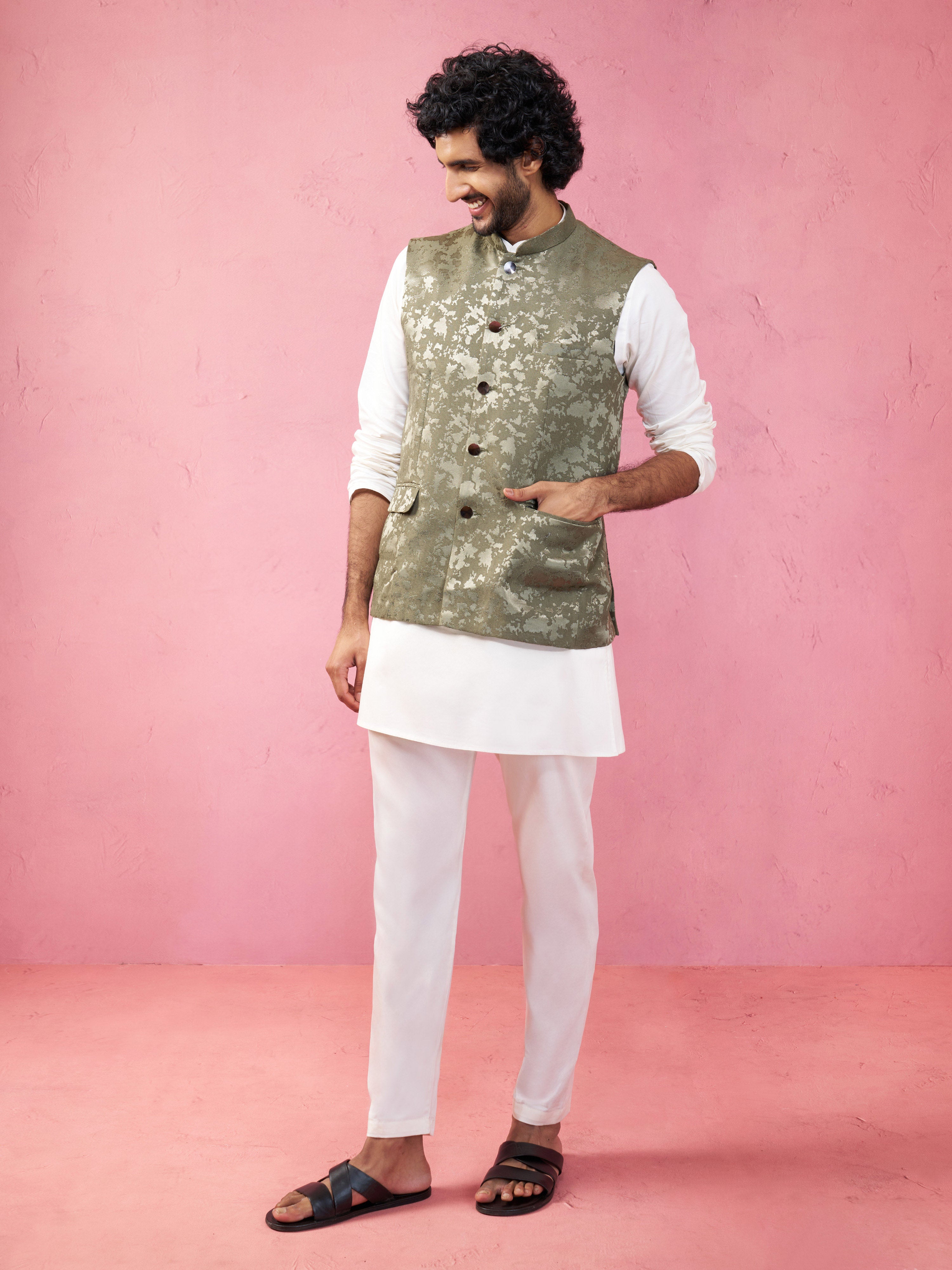 Men's Mehendi Green Monty Jacquard Nehru Jacket