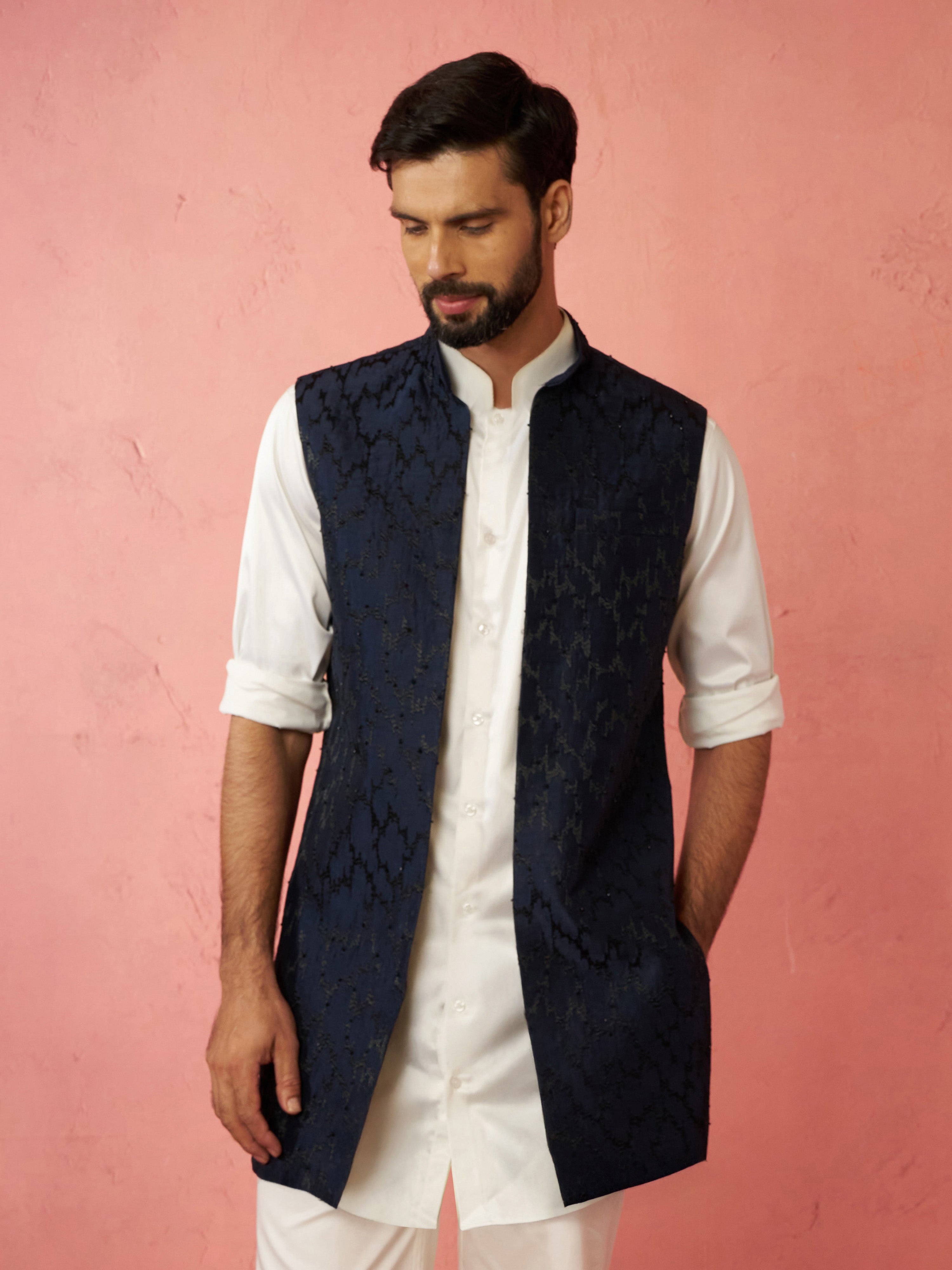 Men's Navy Blue Maharaja Jacquard Nehru Jacket