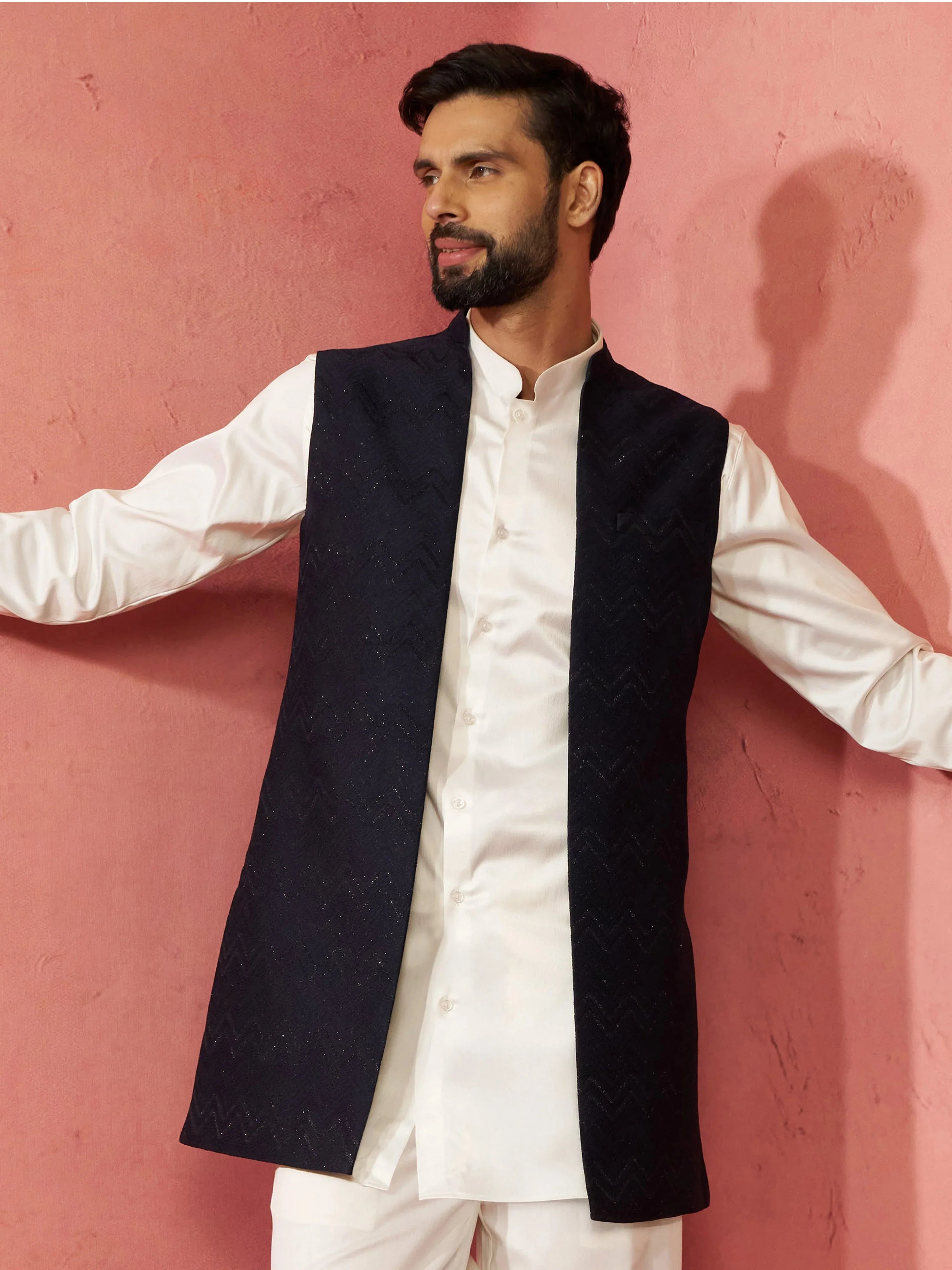 Men's Navy Blue Maharaja Jacquard Nehru Jacket