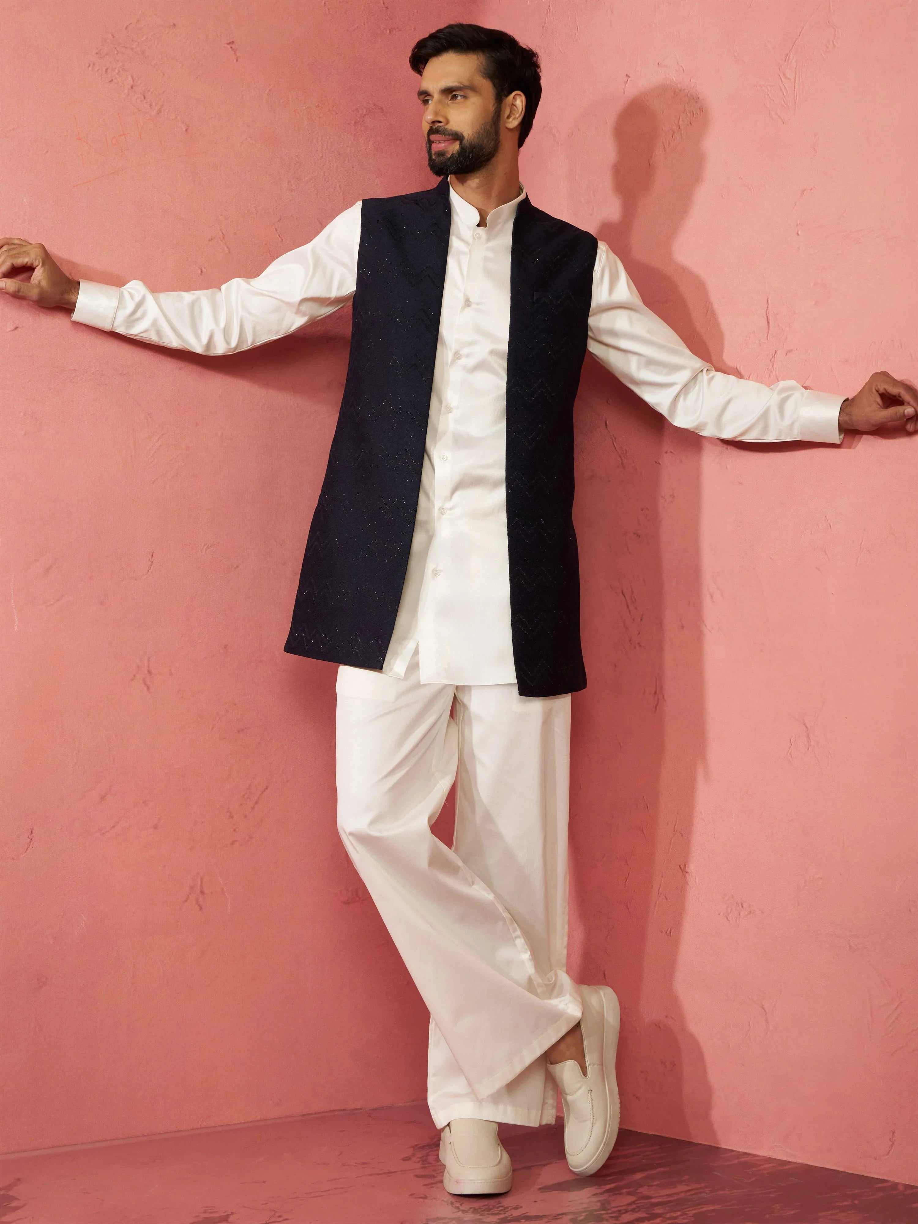 Men's Navy Blue Maharaja Jacquard Nehru Jacket