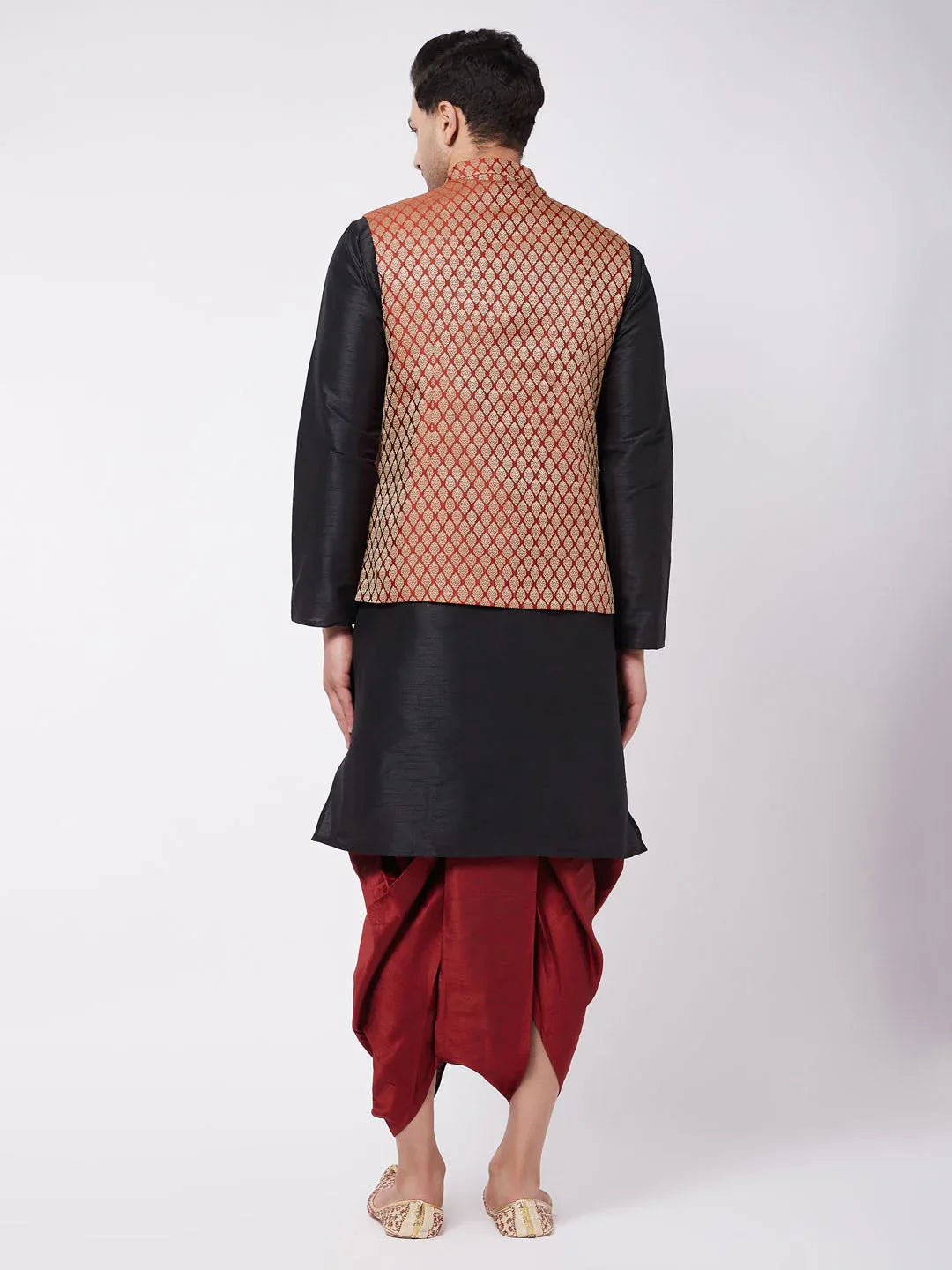 Men's Black Silk Blend Kurta And Dhoti With Maroon Woven Nehru Jacket