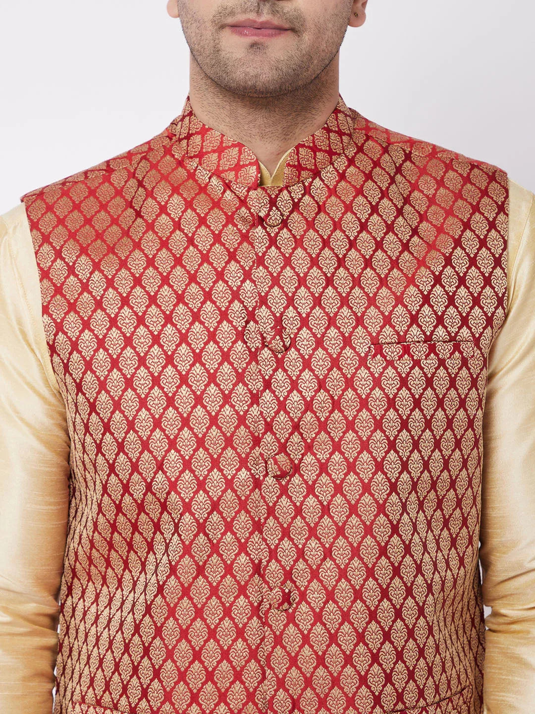 Men's Gold Silk Blend Kurta And Dhoti With Maroon Woven Nehru Jacket