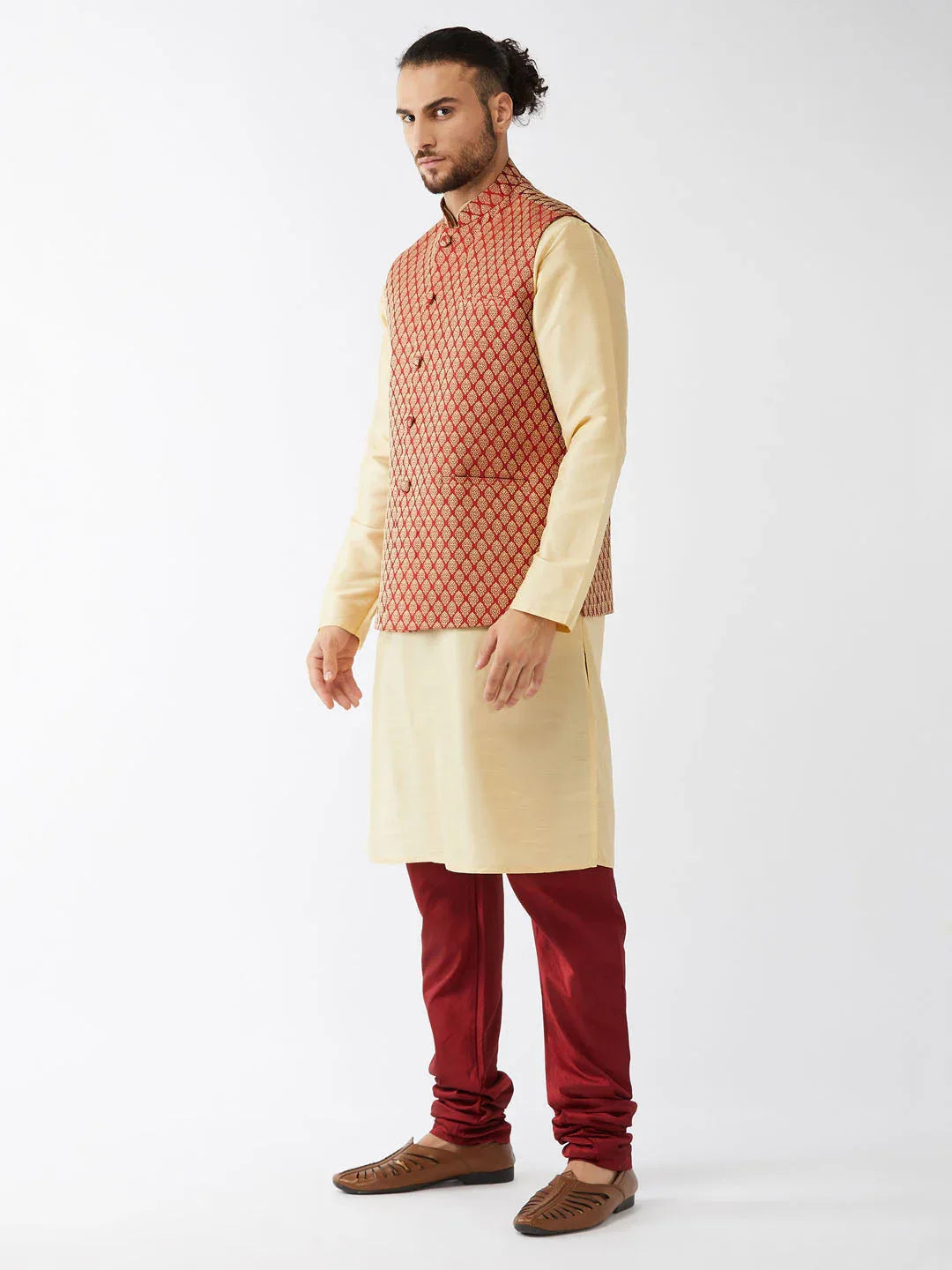 Men's Maroon Silk Blend Ethnic Jacket, Gold Kurta And Maroon Pyjama Set