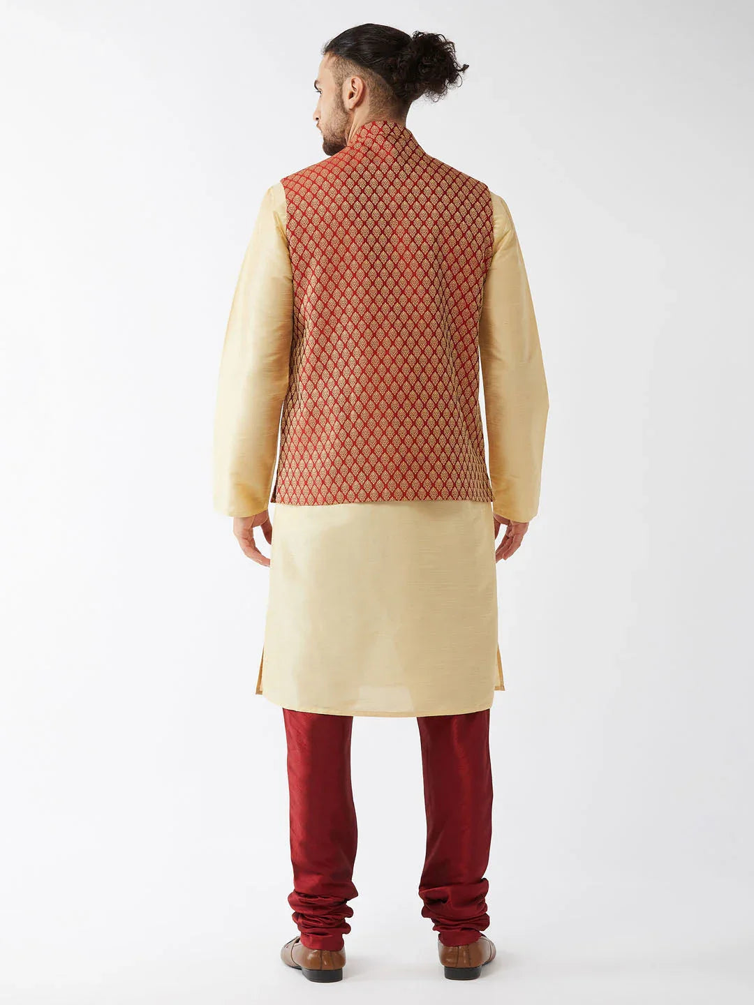 Men's Maroon Silk Blend Ethnic Jacket, Gold Kurta And Maroon Pyjama Set