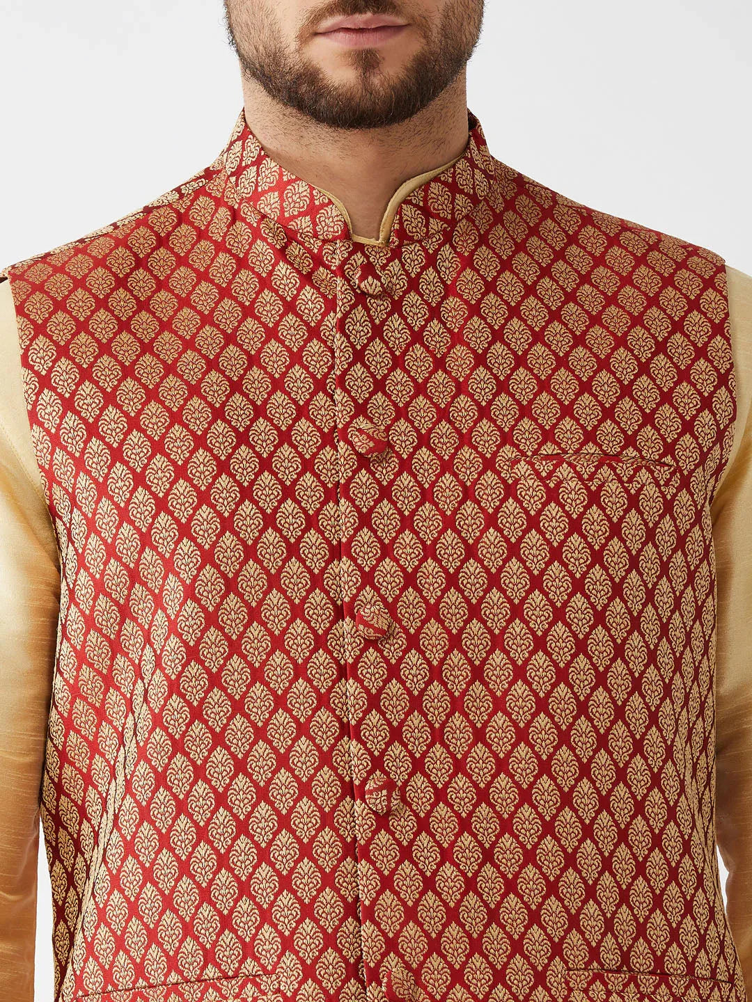 Men's Maroon Silk Blend Ethnic Jacket, Gold Kurta And Maroon Pyjama Set