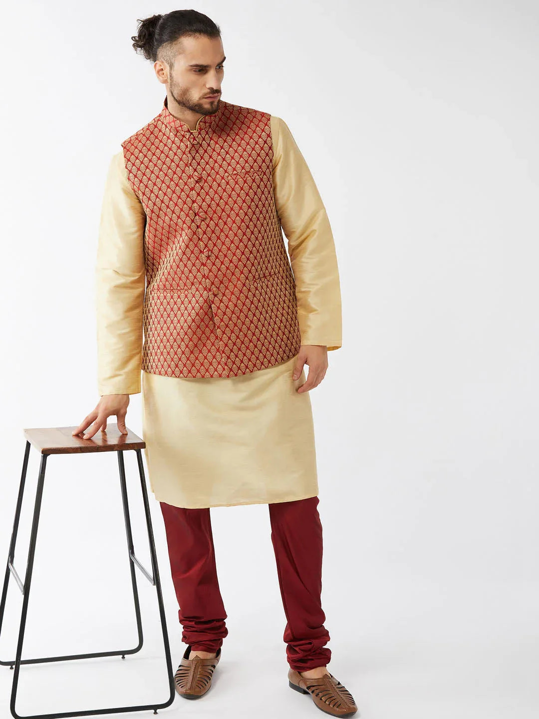 Men's Maroon Silk Blend Ethnic Jacket, Gold Kurta And Maroon Pyjama Set