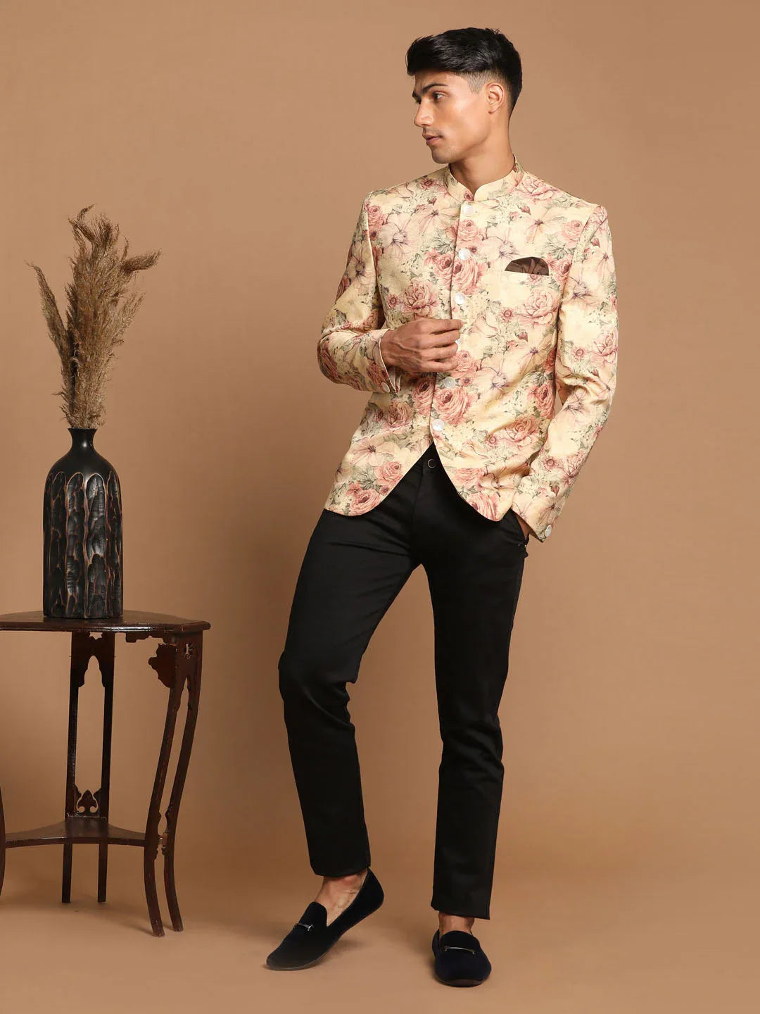 Men's Beige Printed Jodhpuri
