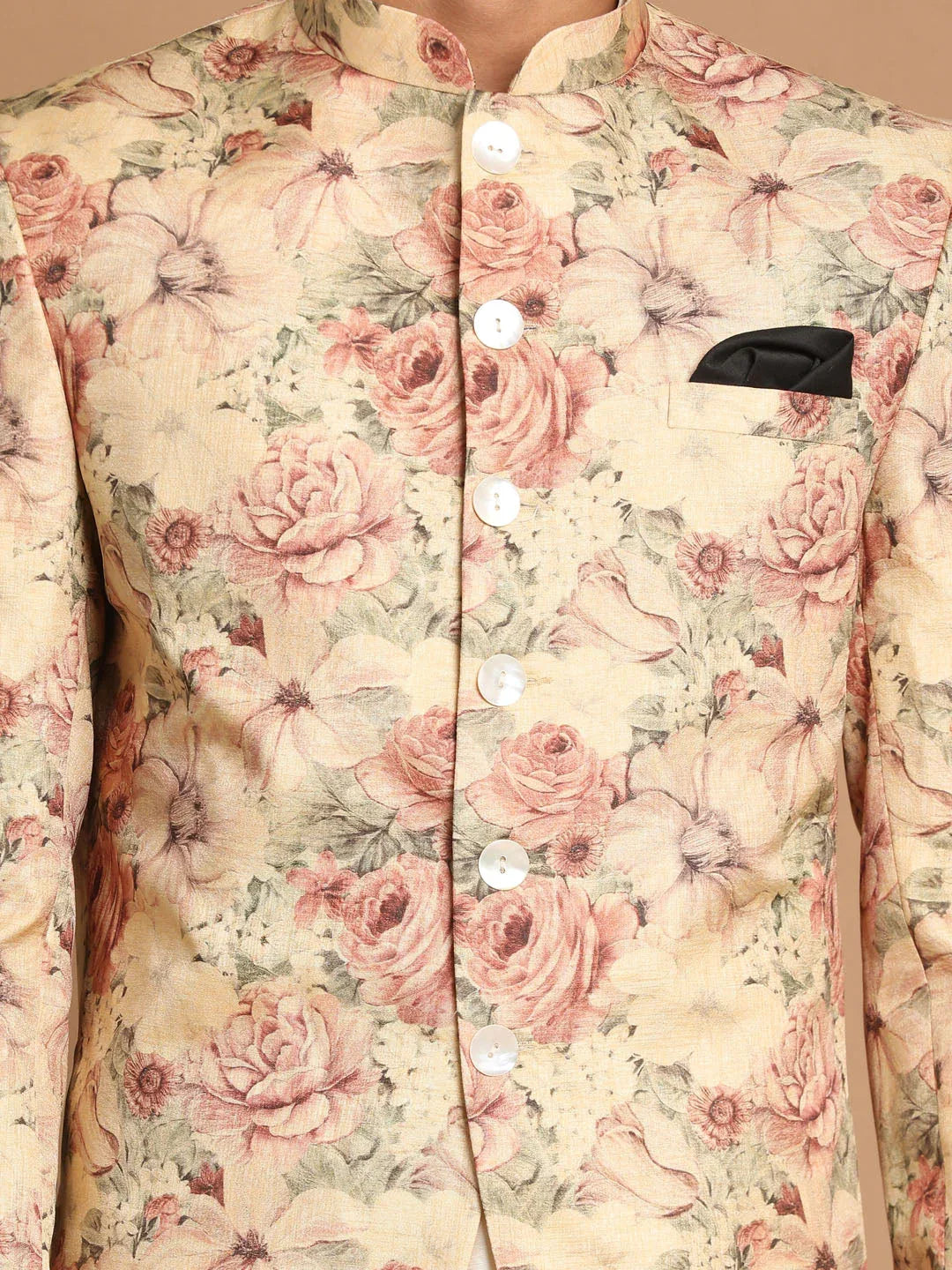 Men's Beige Printed Jodhpuri And Cream Kurta Pyjama Set