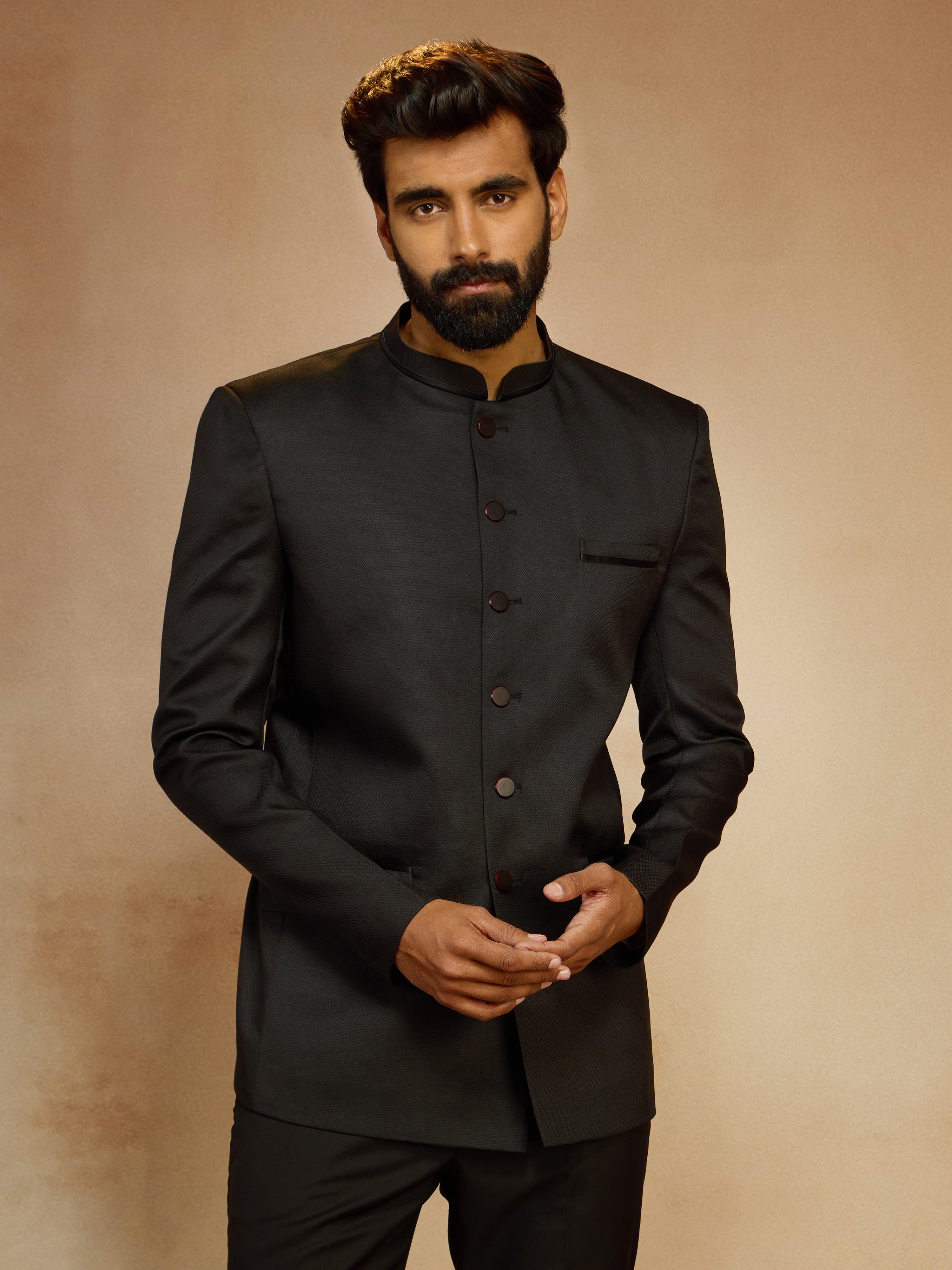 Men's Black Jute Solid Slim Fit Full Sleeve Jodhpuri
