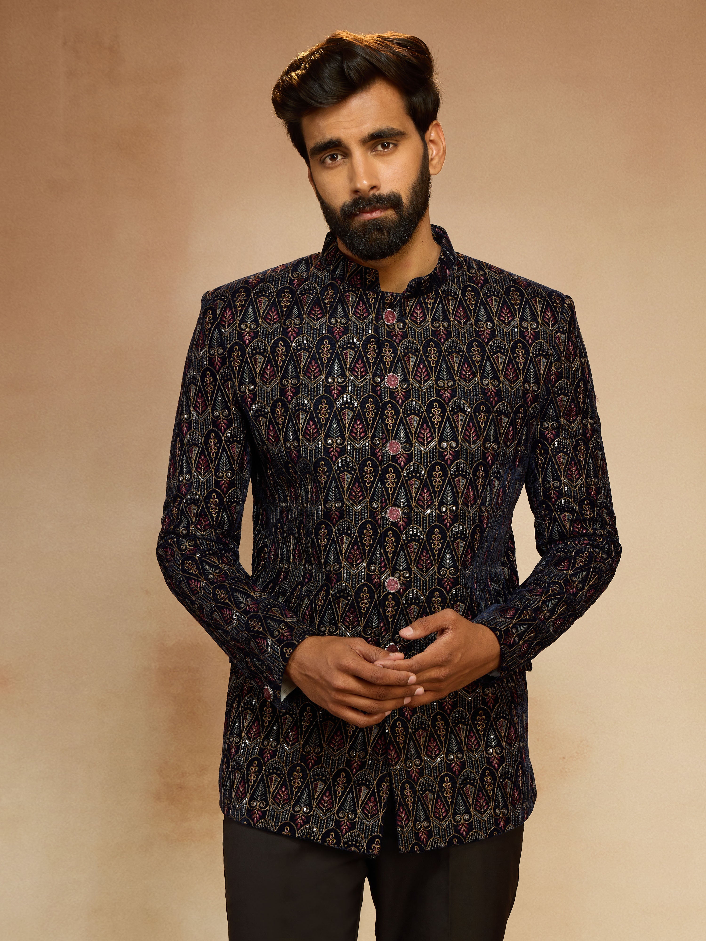 Men's Navy Blue Velvet Sequin Embroidered Jodhpuri