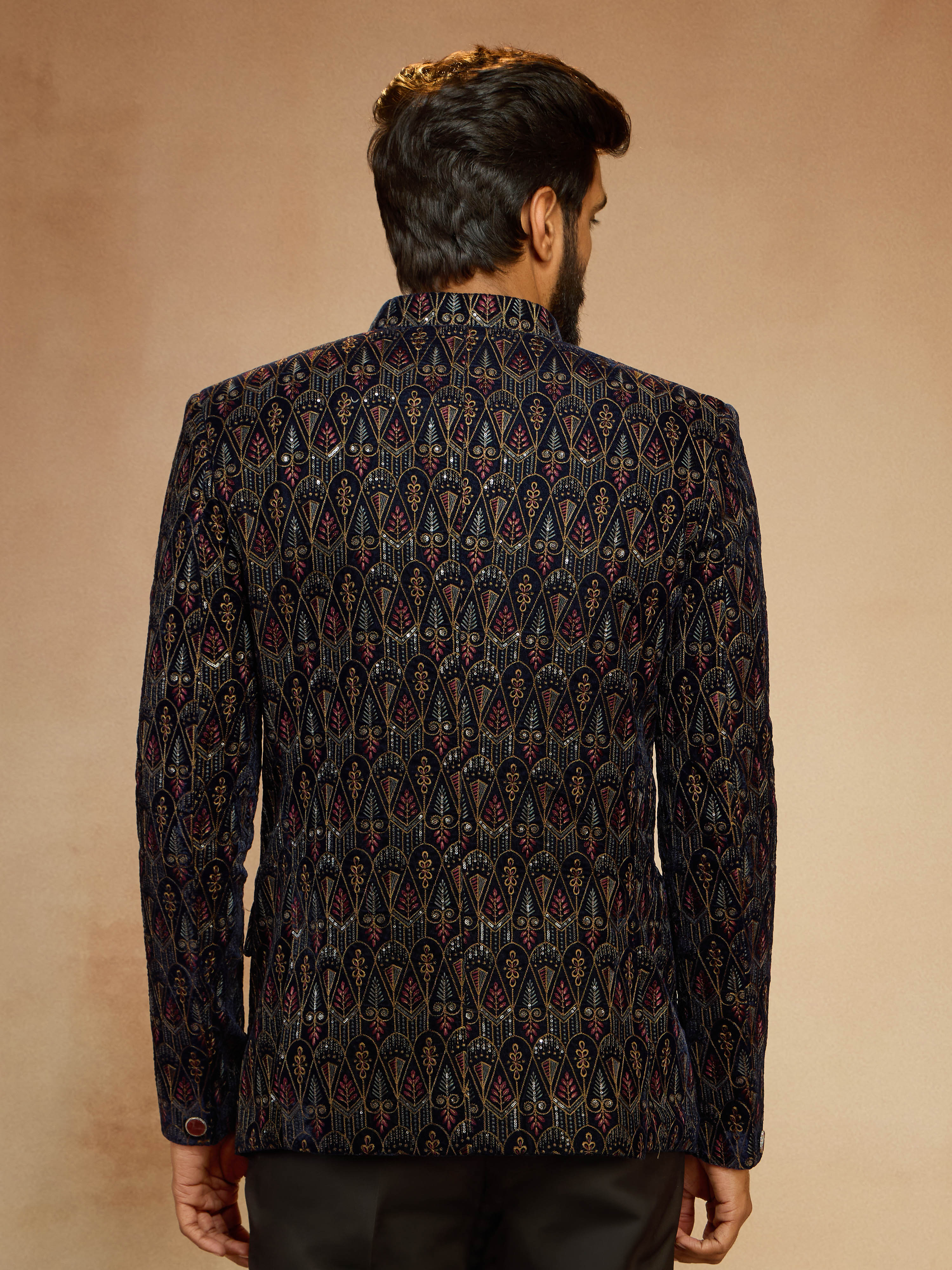 Men's Navy Blue Velvet Sequin Embroidered Jodhpuri
