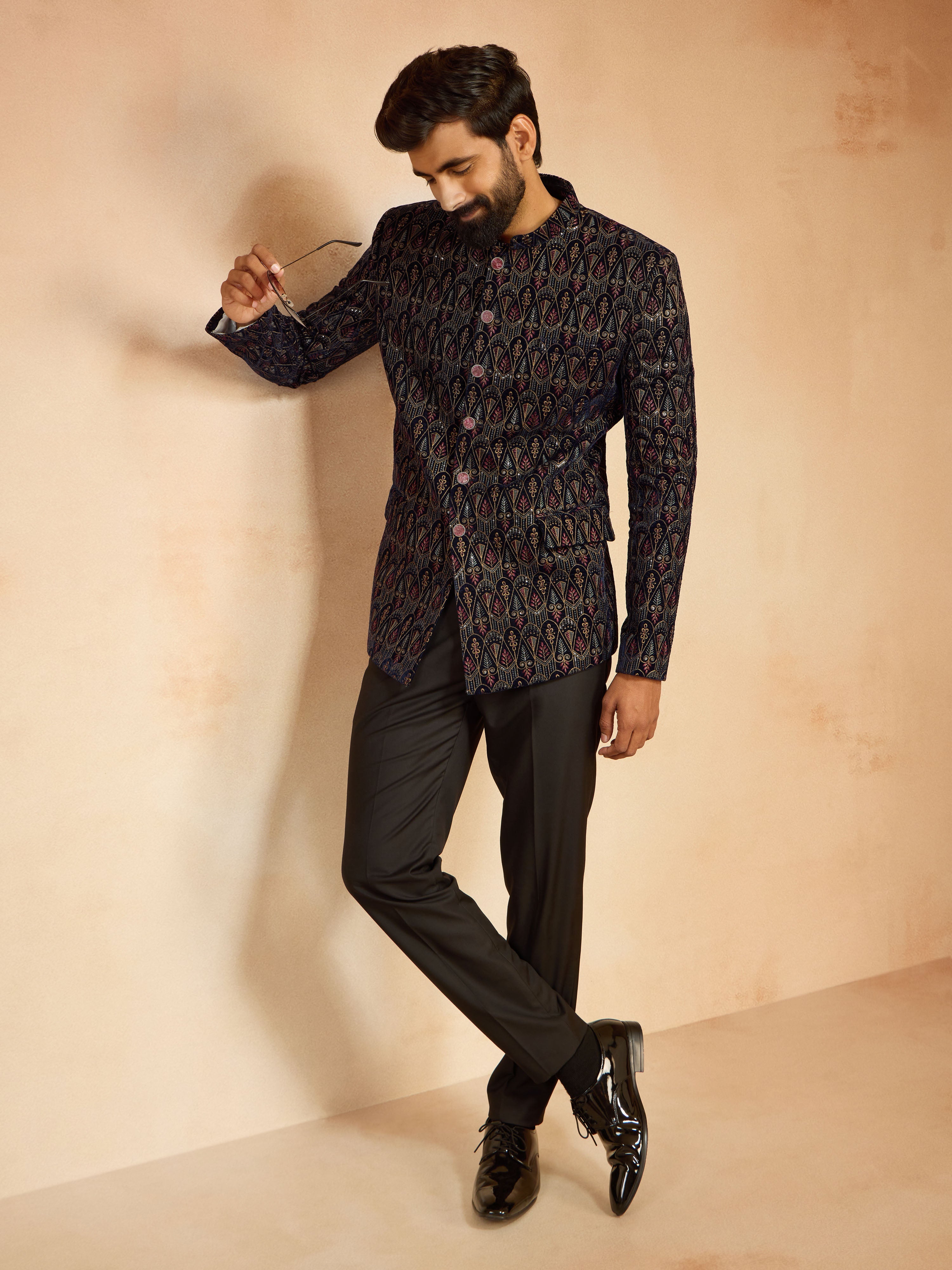 Men's Navy Blue Velvet Sequin Embroidered Jodhpuri