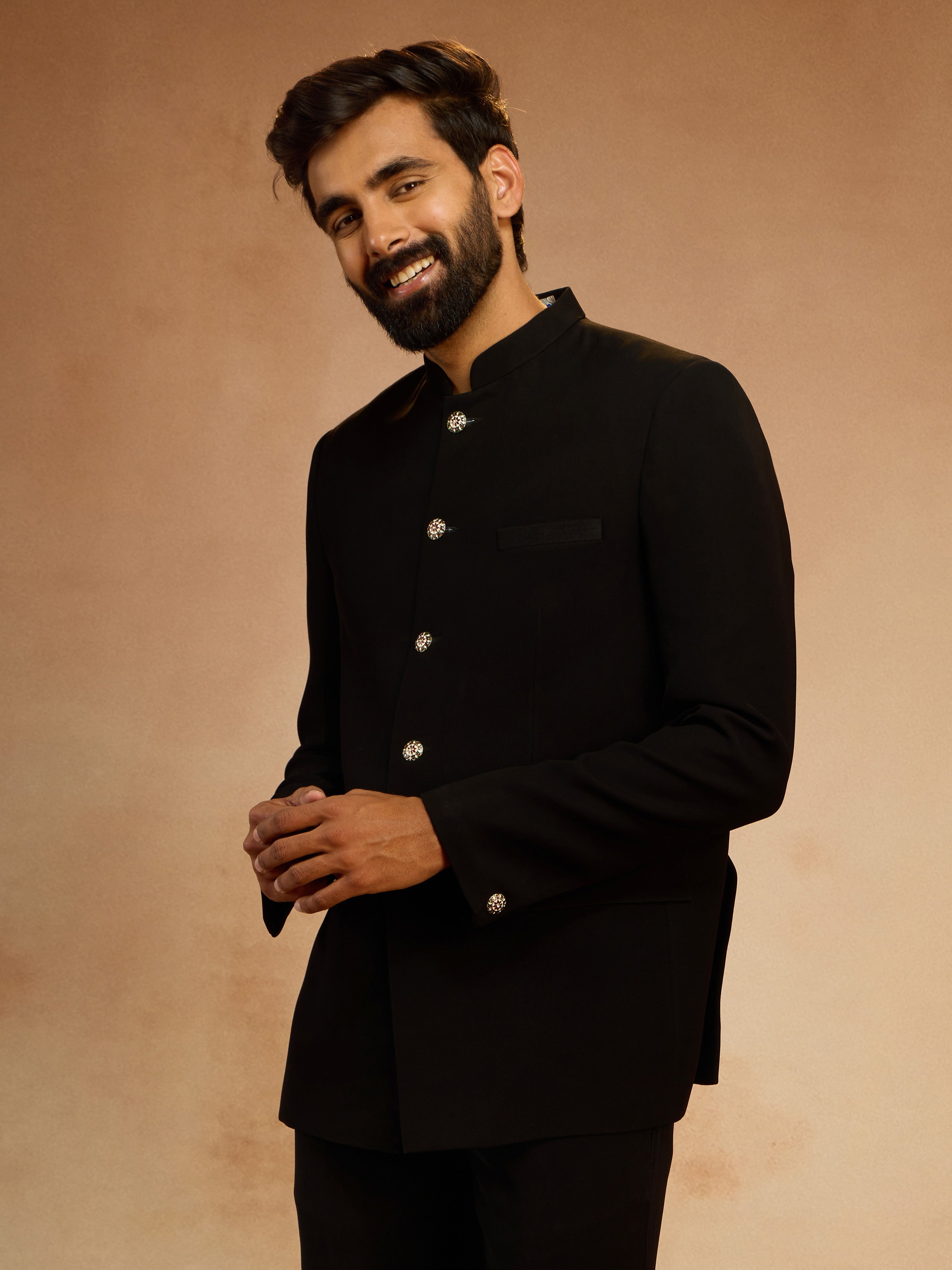 Men's Black Solid Imported Suiting Jodhpuri Suit