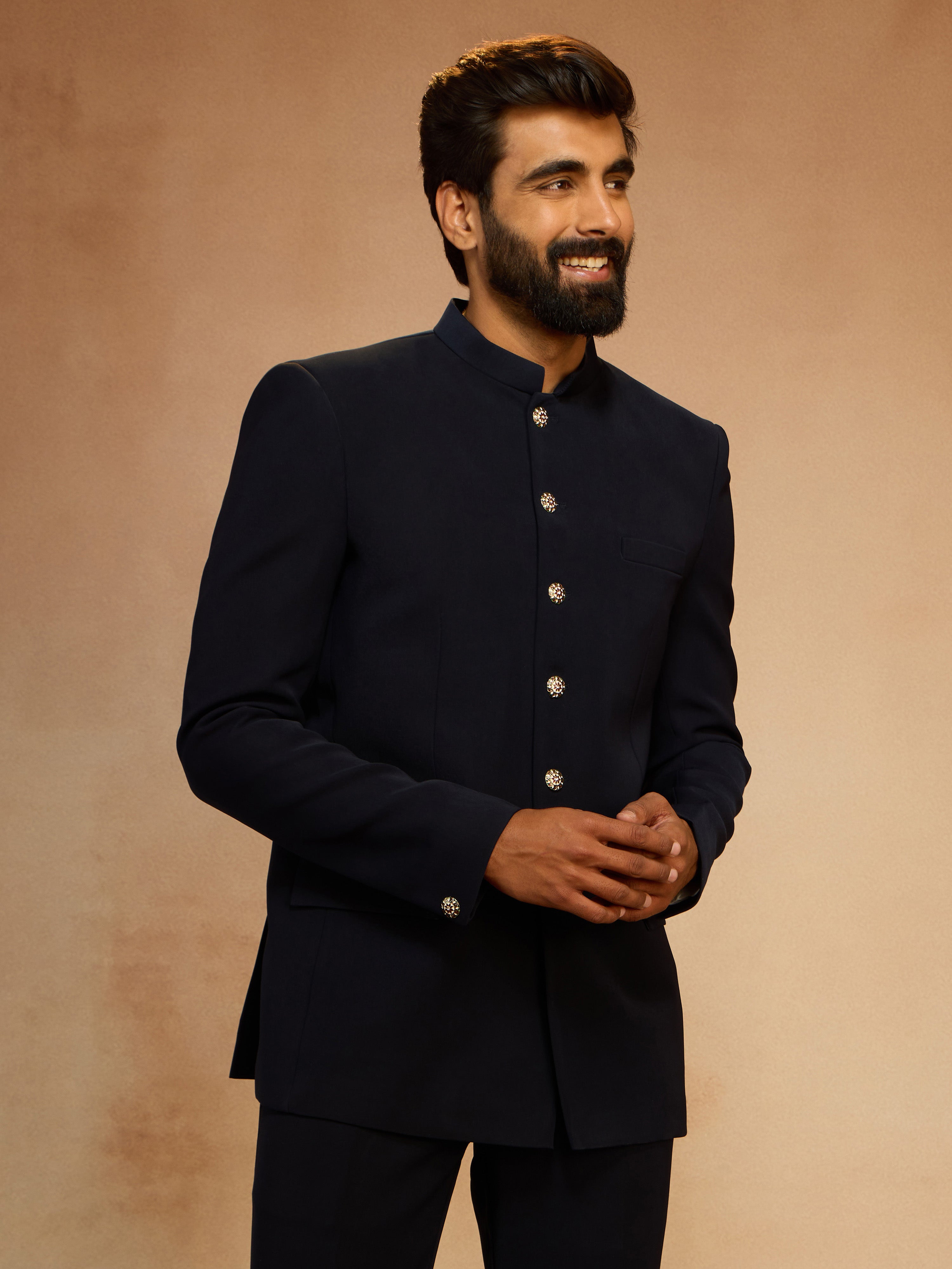 Men's Navy Blue Solid Imported Suiting Jodhpuri Suit