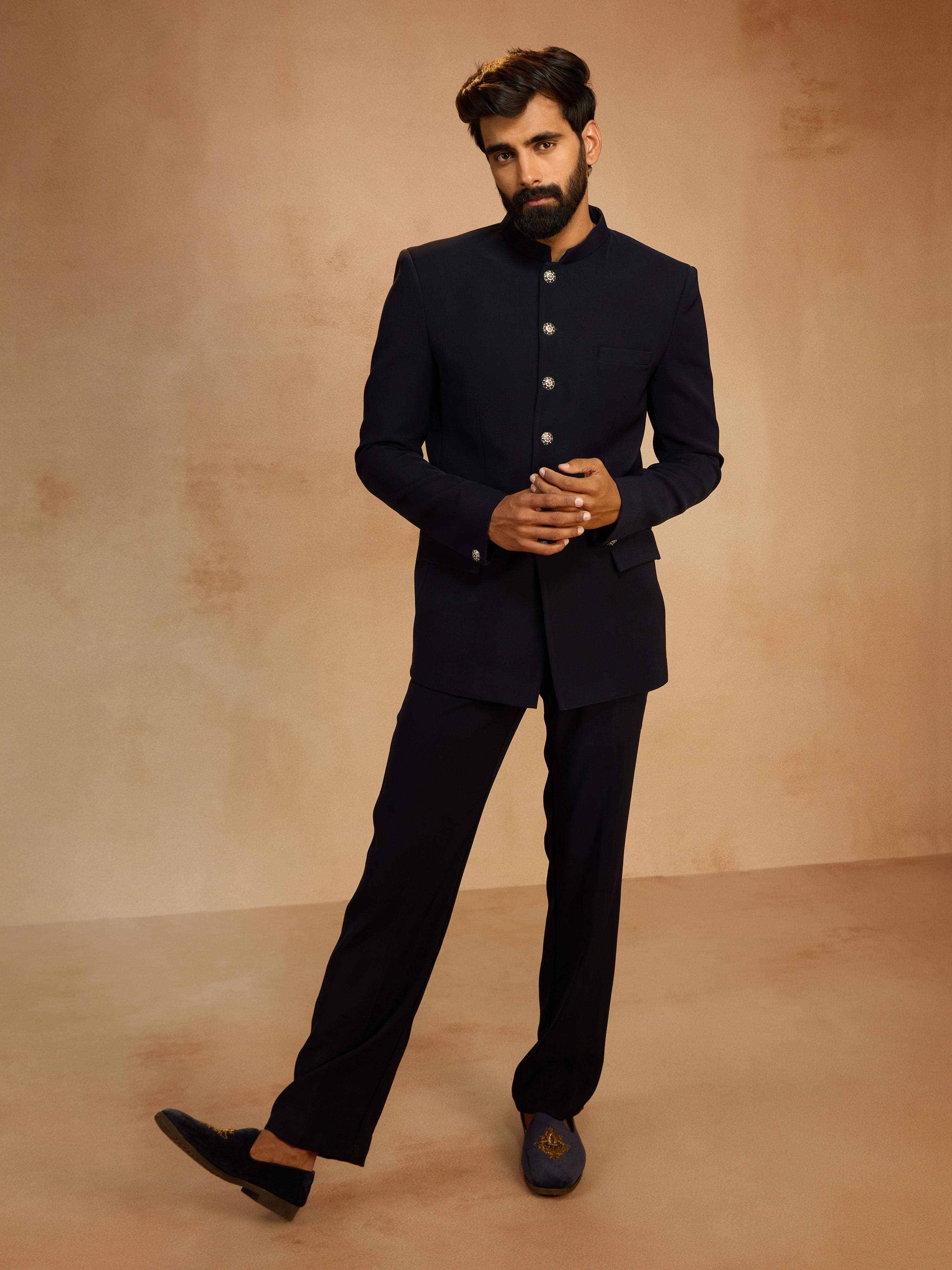 Men's Navy Blue Solid Imported Suiting Jodhpuri Suit