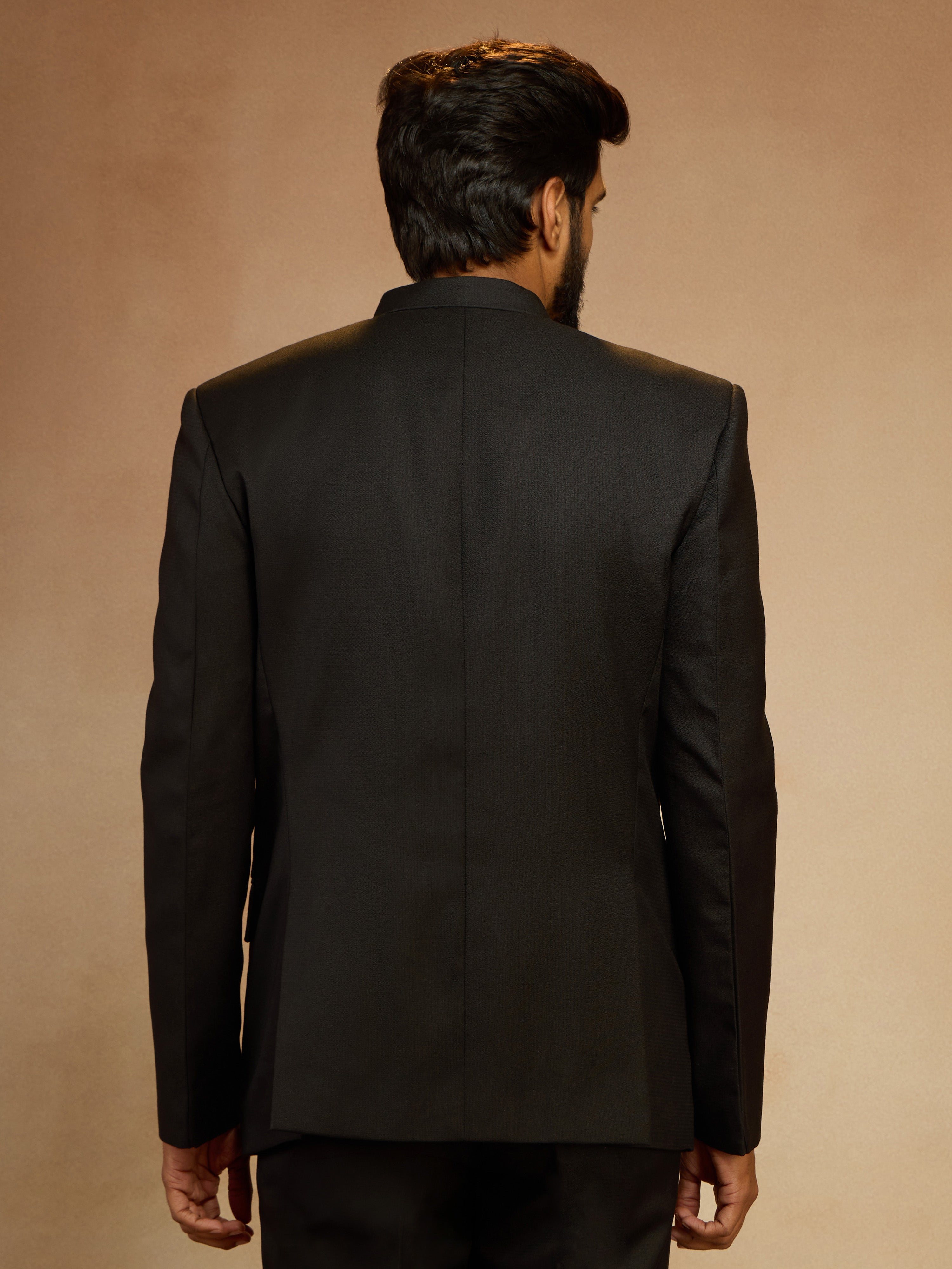 Men's Black Solid Jodhpuri Suit with Brooch Detail in Imported Suiting Lycra