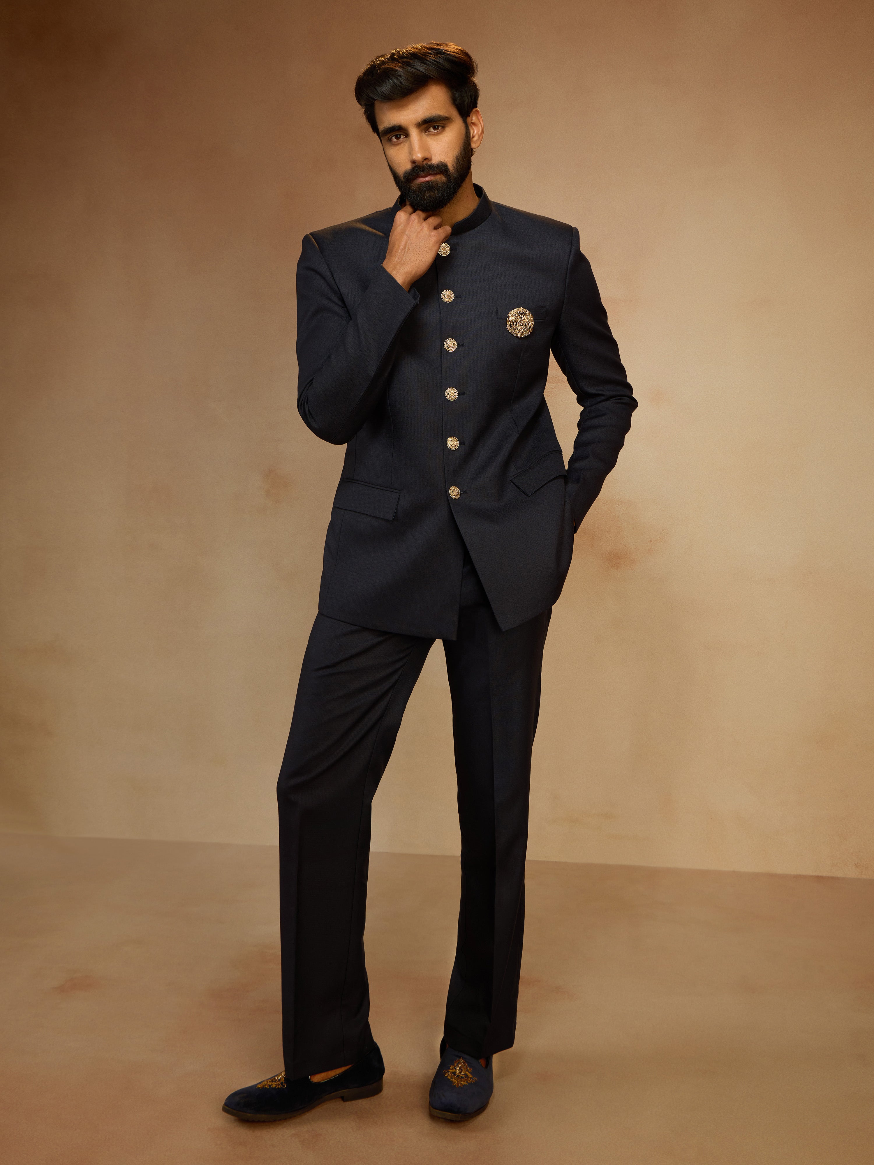 Men's Navy Blue Solid Jodhpuri Suit with Brooch Detail in Imported Suiting Lycra
