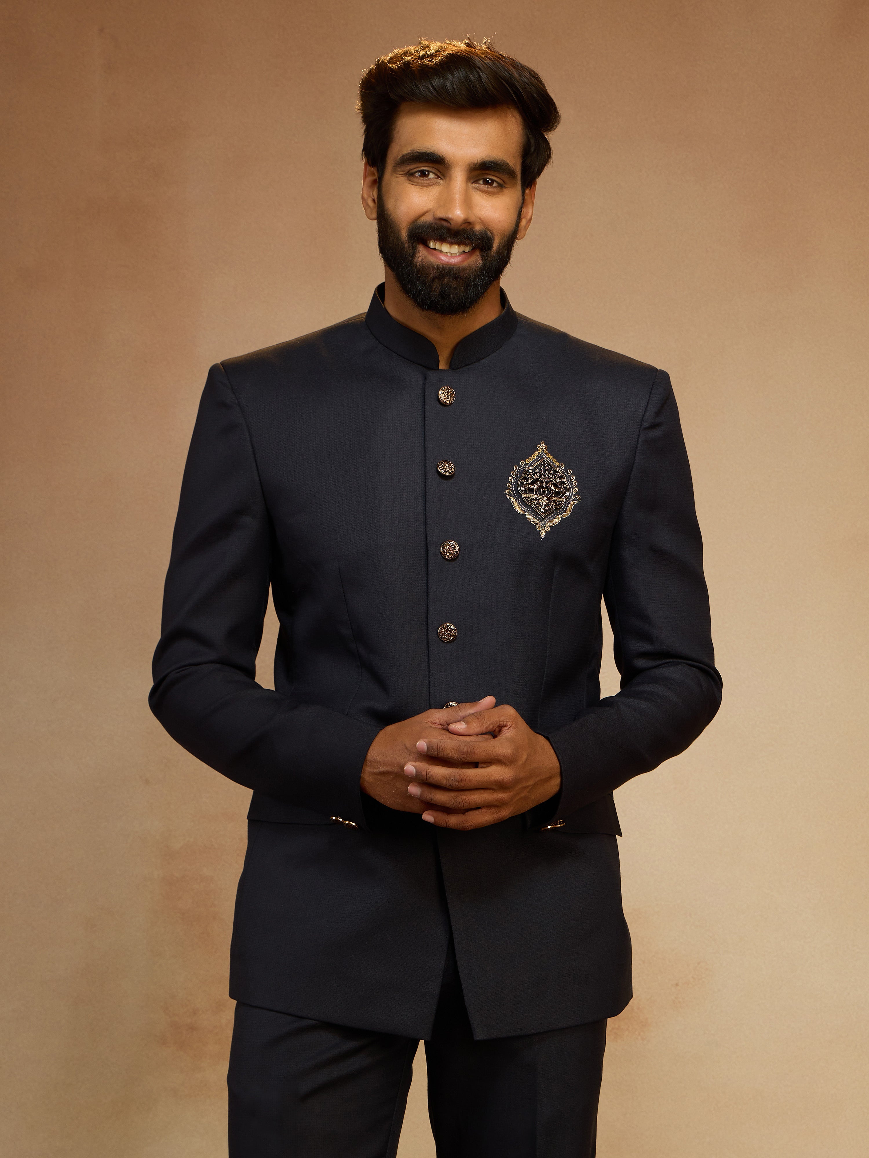 Men's Navy Blue Zardozi Sequin Embroidered Imported Suiting Lycra Jodhpuri