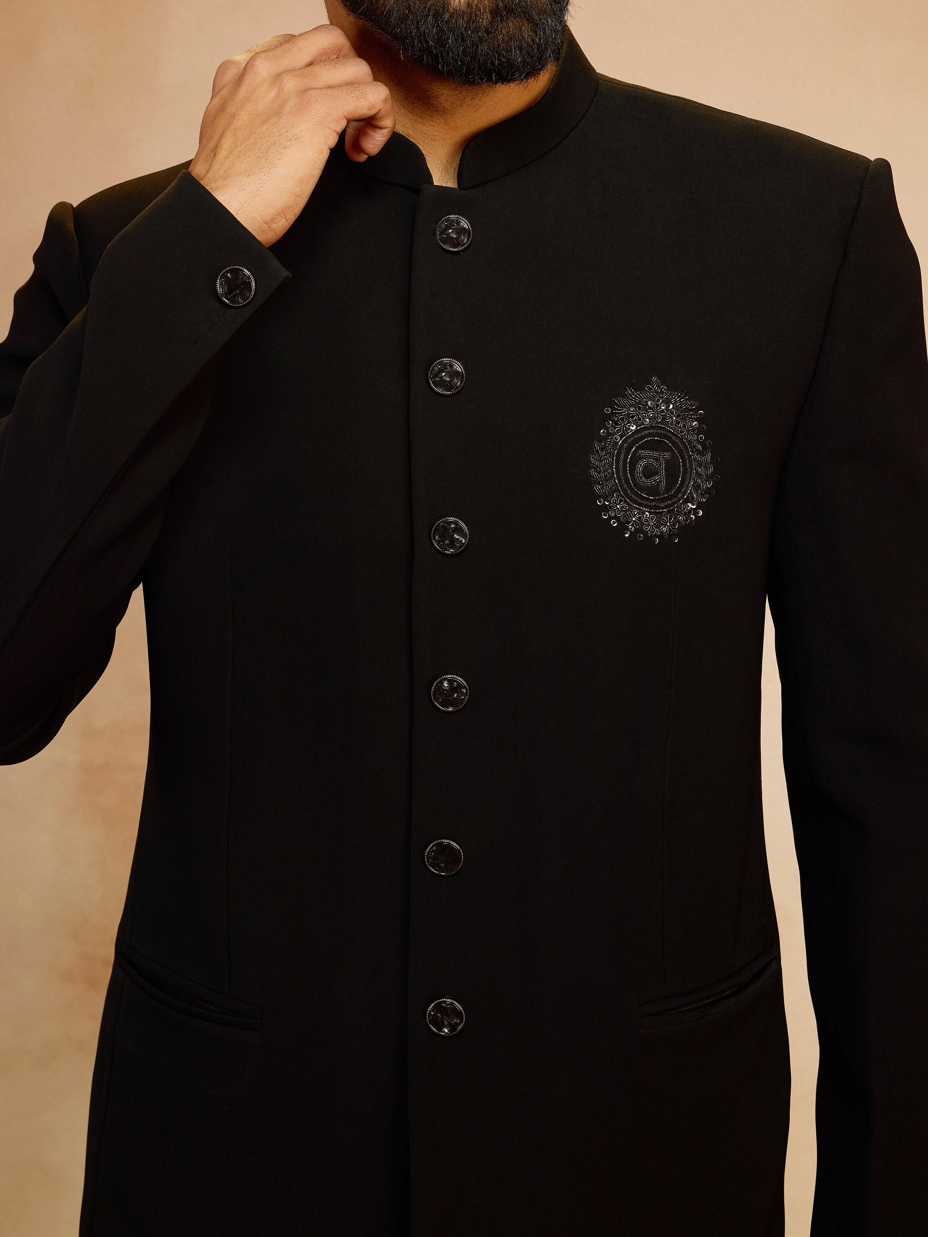 Men's Black Silk Bead Embroidered Ethnic Motif Full Sleeve Jodhpuri Jacket
