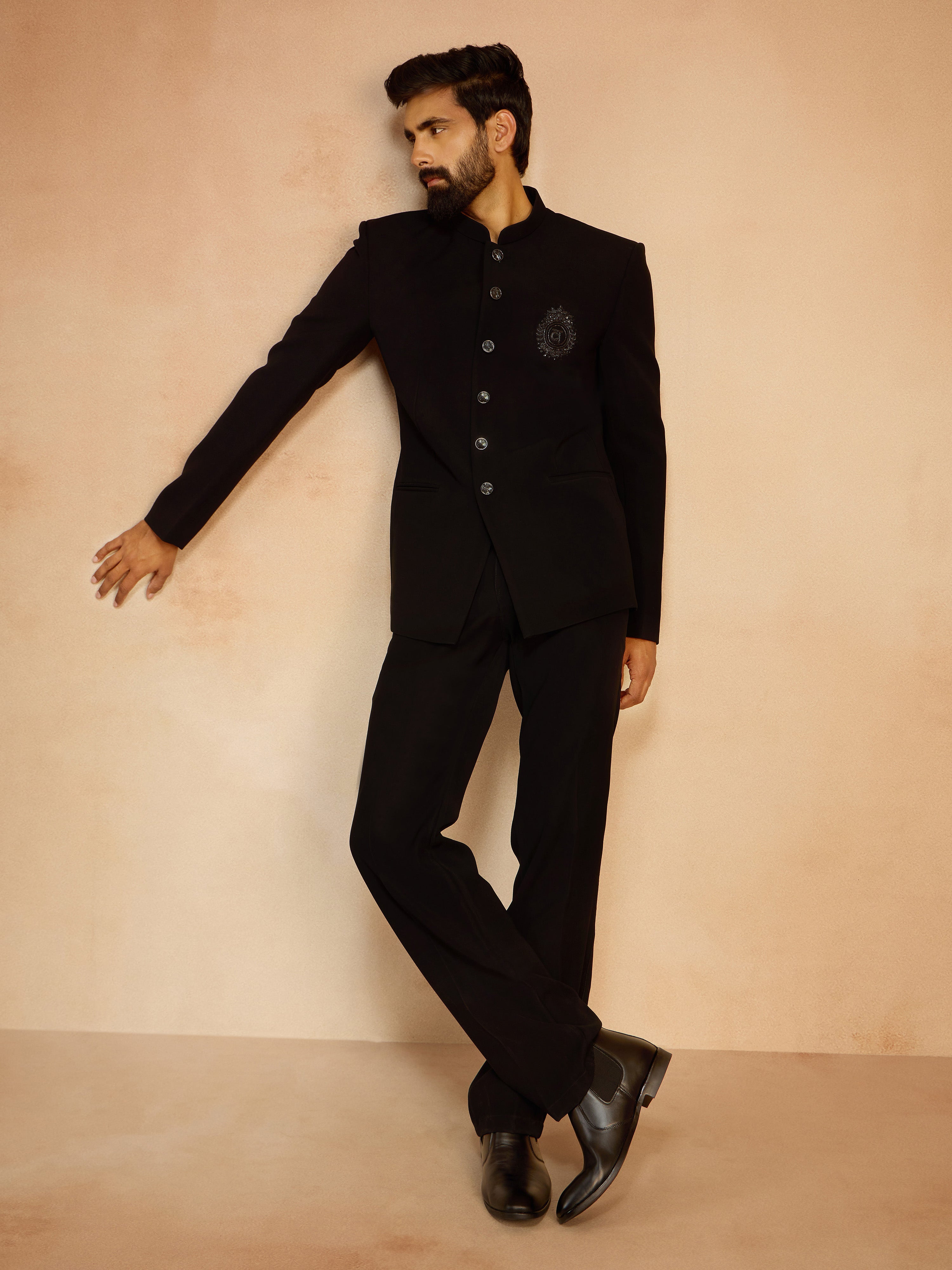 Men's Black Silk Bead Embroidered Ethnic Motif Full Sleeve Jodhpuri Jacket