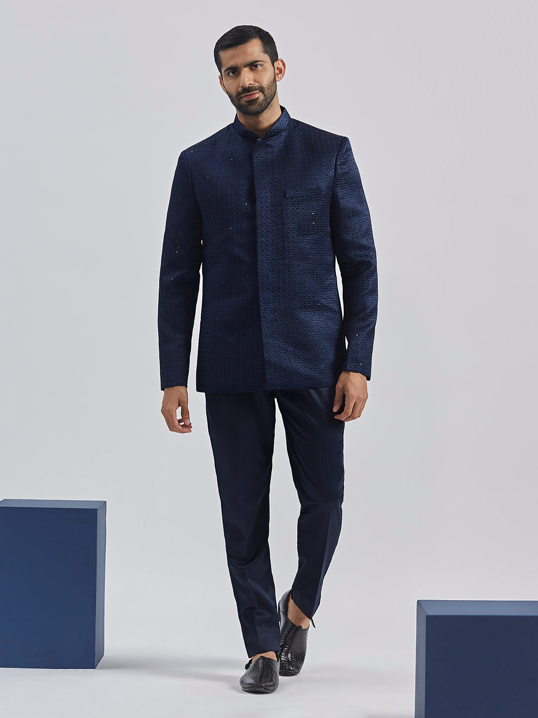 Men's Navy Blue Silk Blend Jodhpuri Pyjama Set
