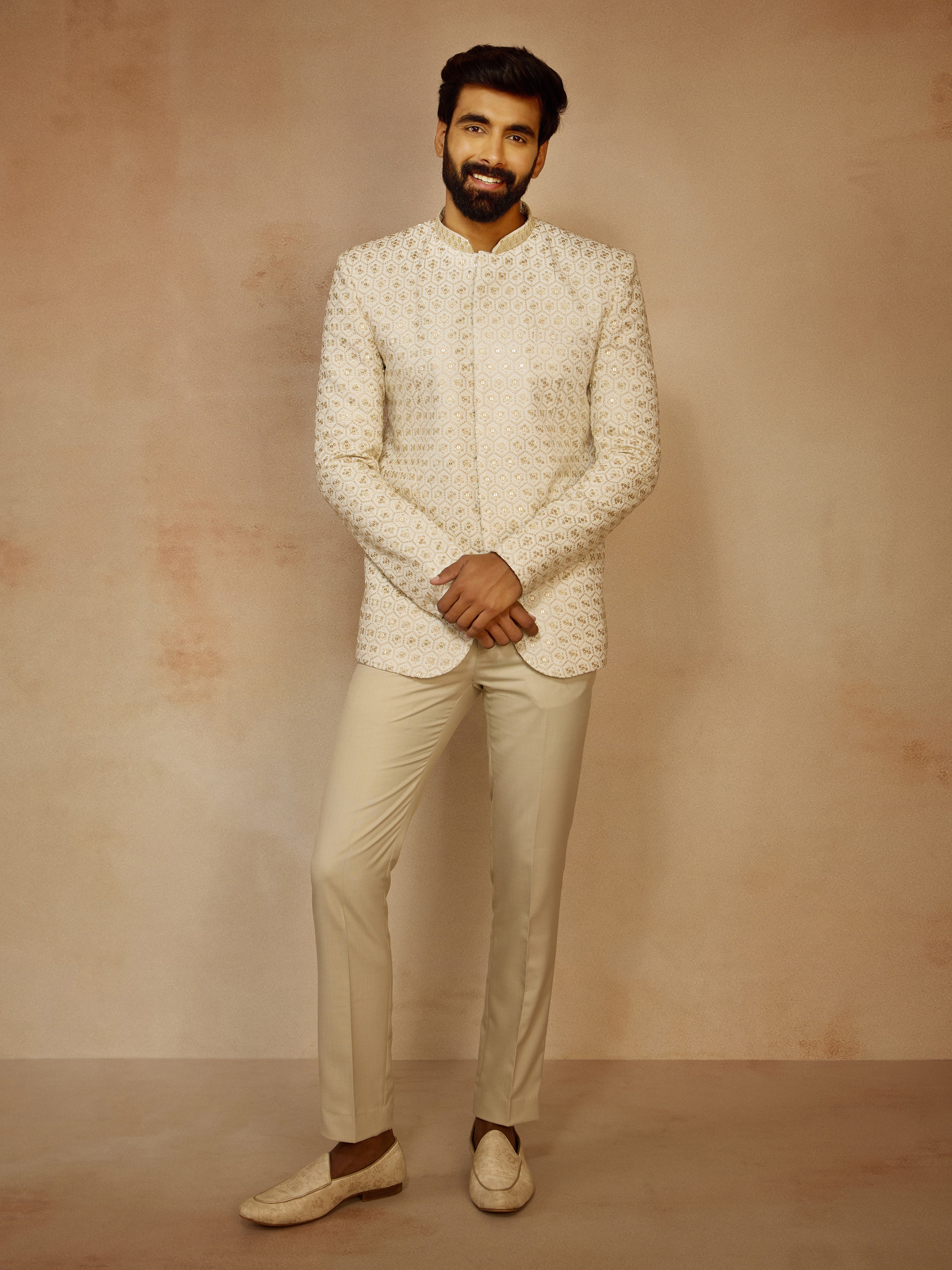 Men's Off White Sequin Embroidered Jodhpuri Jacket