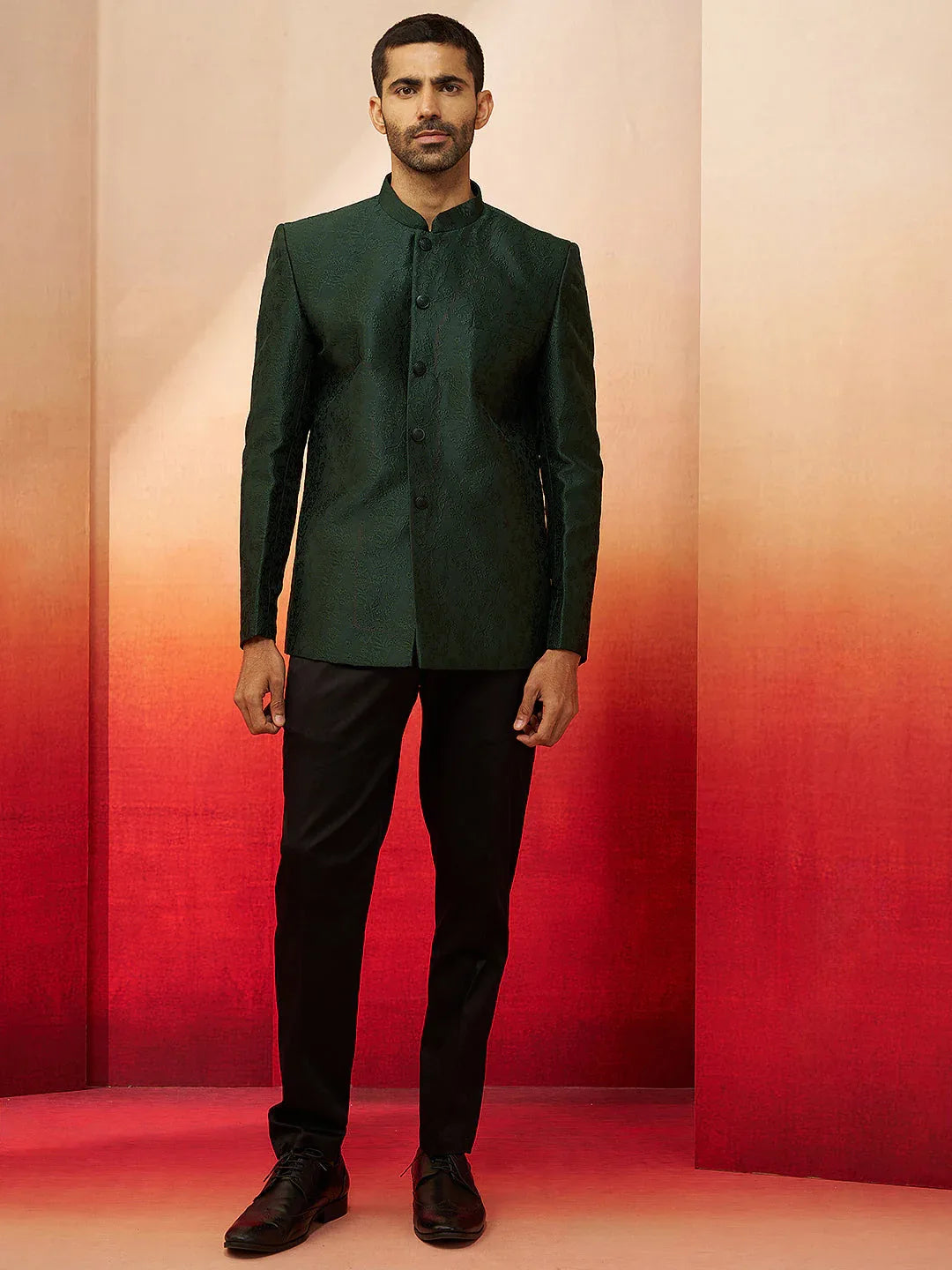 Men's Bottle Green Jacquard Jodhpuri with Pant