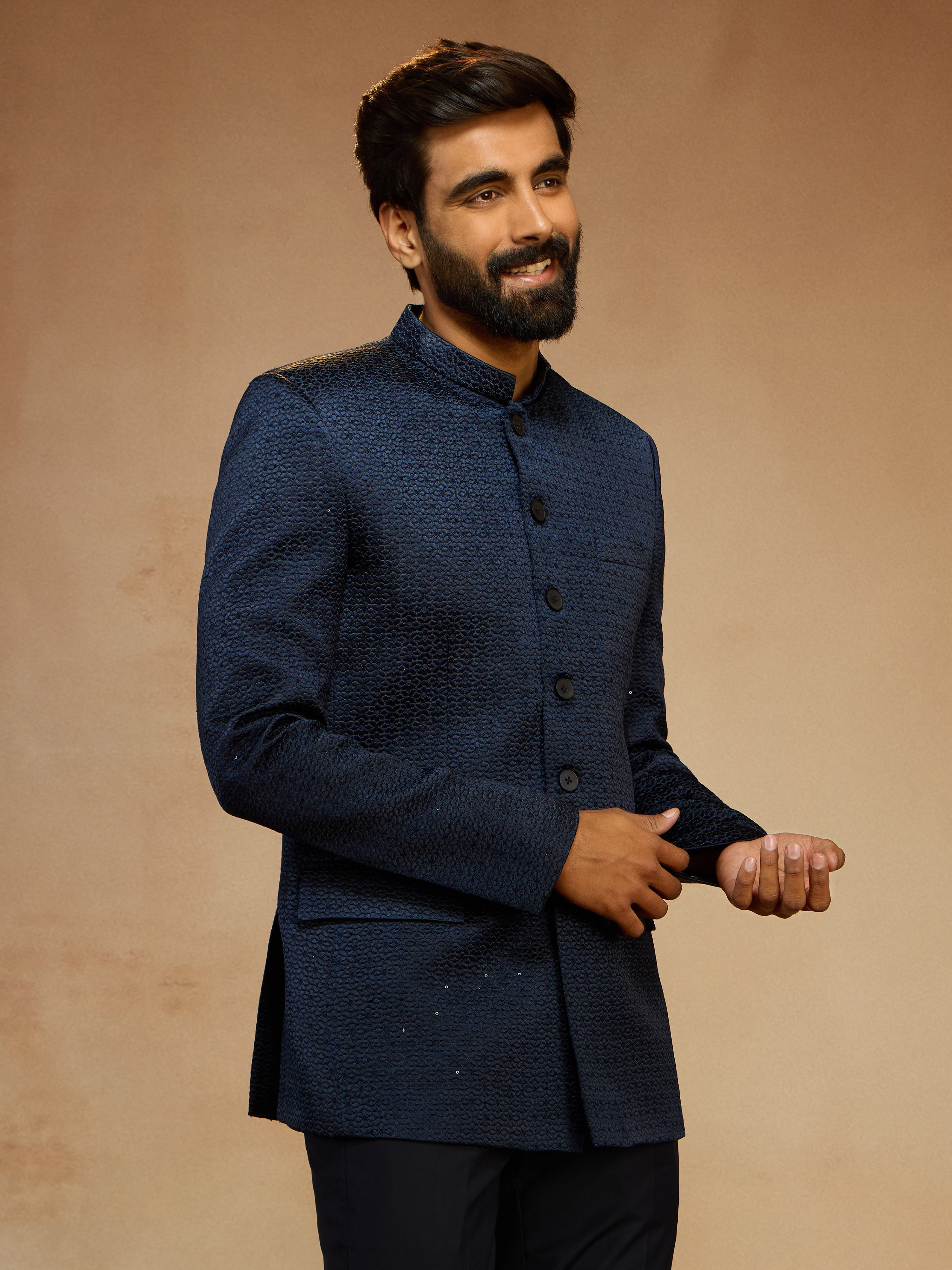 Men's Navy Blue Self-Texture Sequin Embroidery Jodhpuri