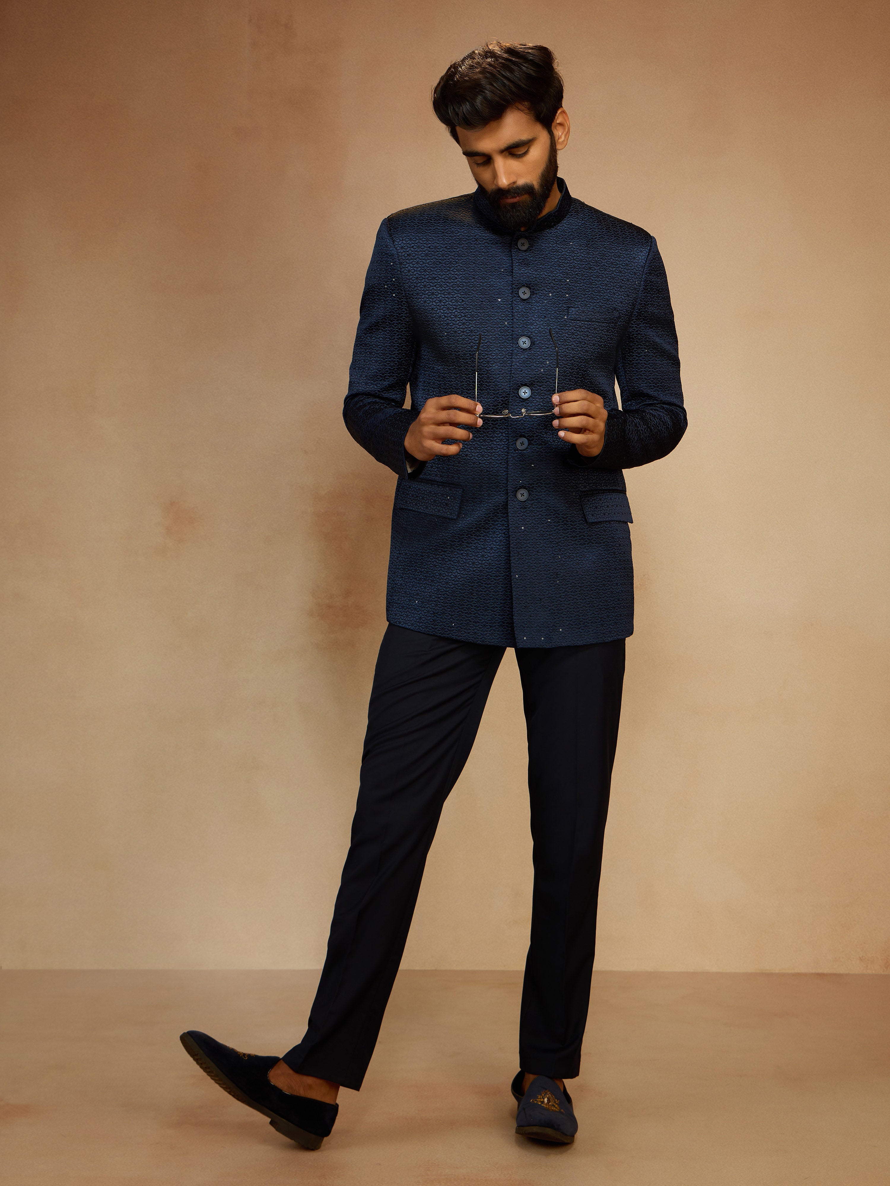 Men's Navy Blue Self-Texture Sequin Embroidery Jodhpuri