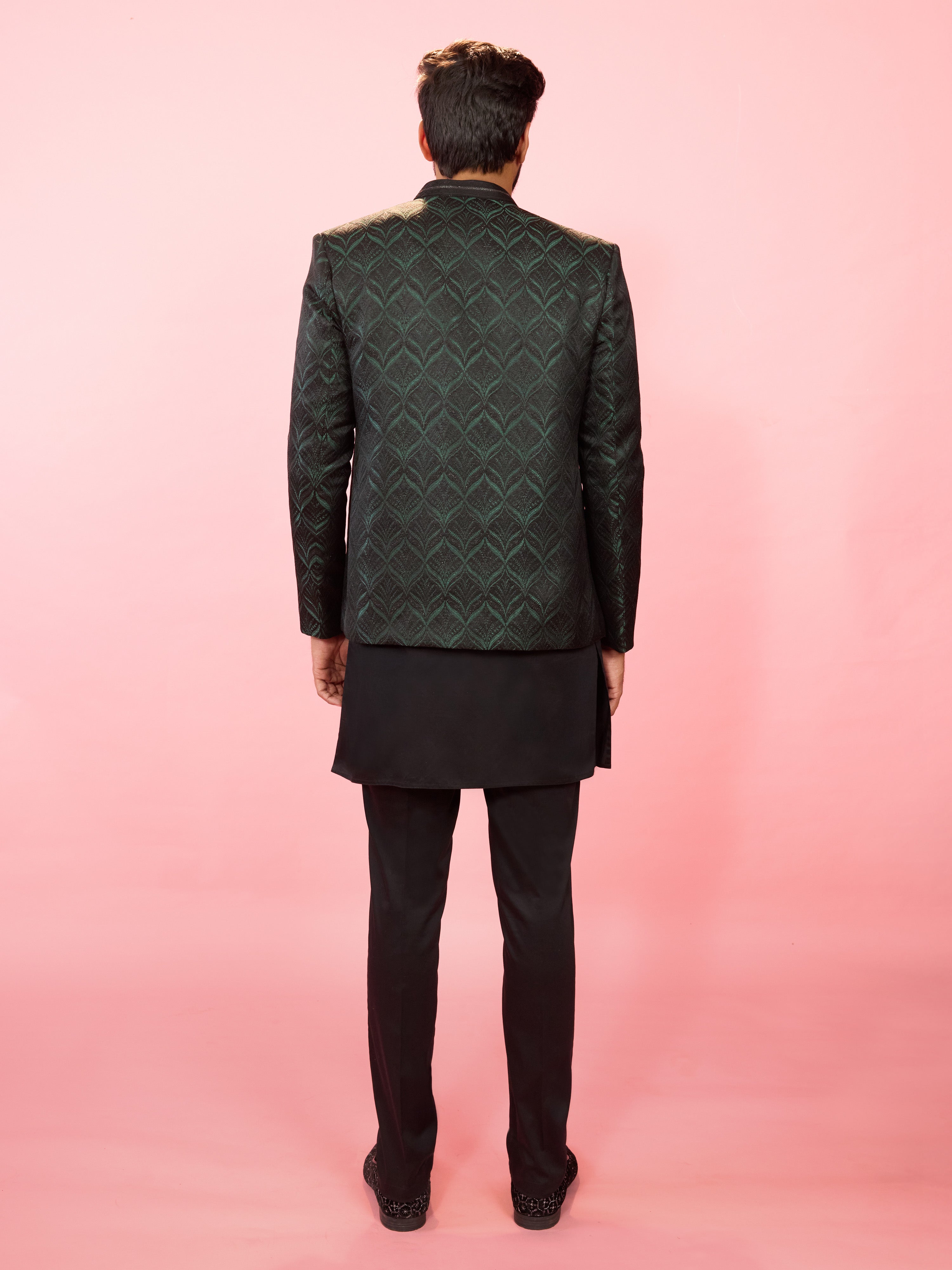 Men's Bottle Green Jodhpuri with Black Satin Kurta & Pant Pyjama Set