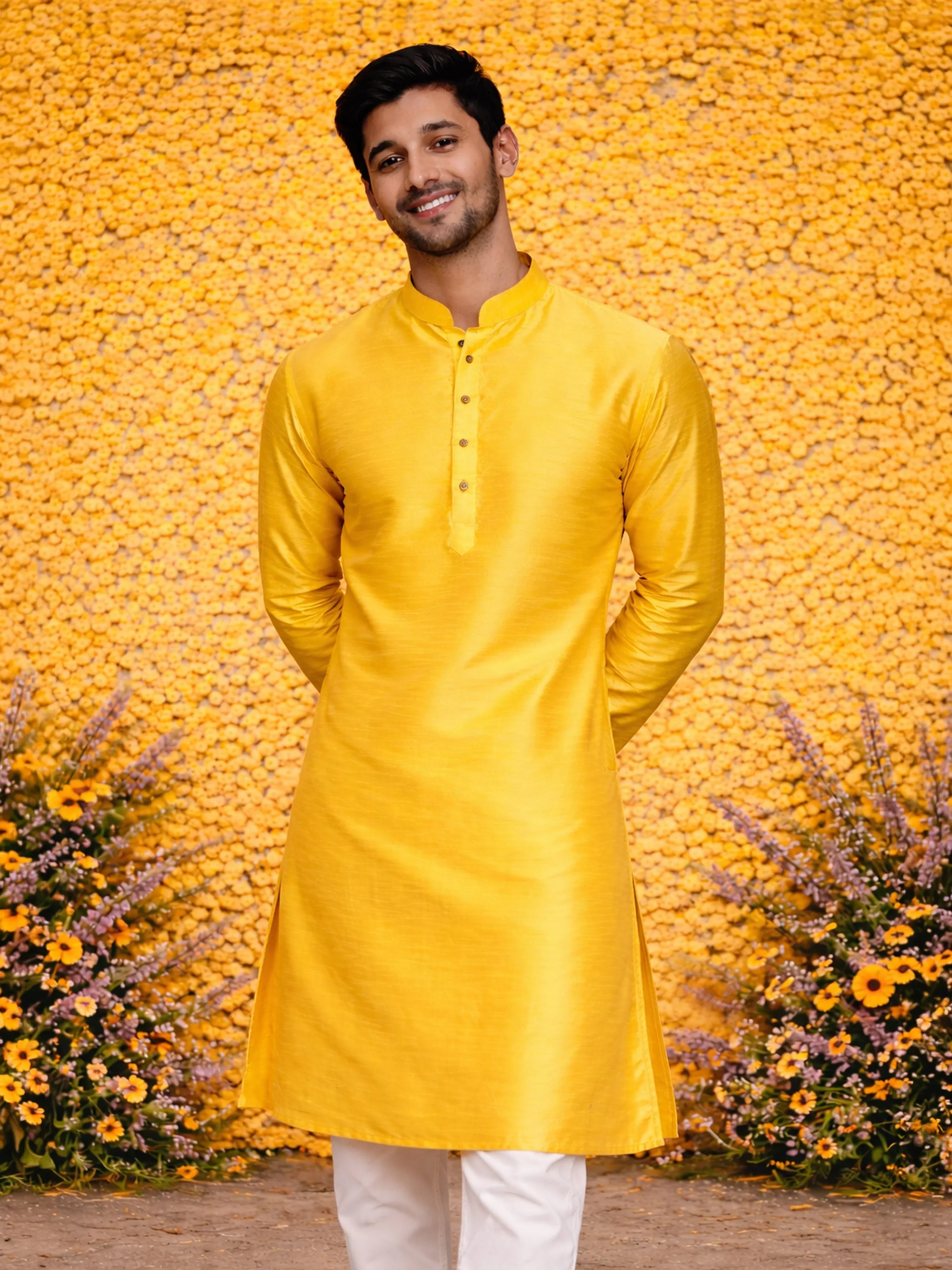 Men's Yellow Cotton Silk Blend Kurta