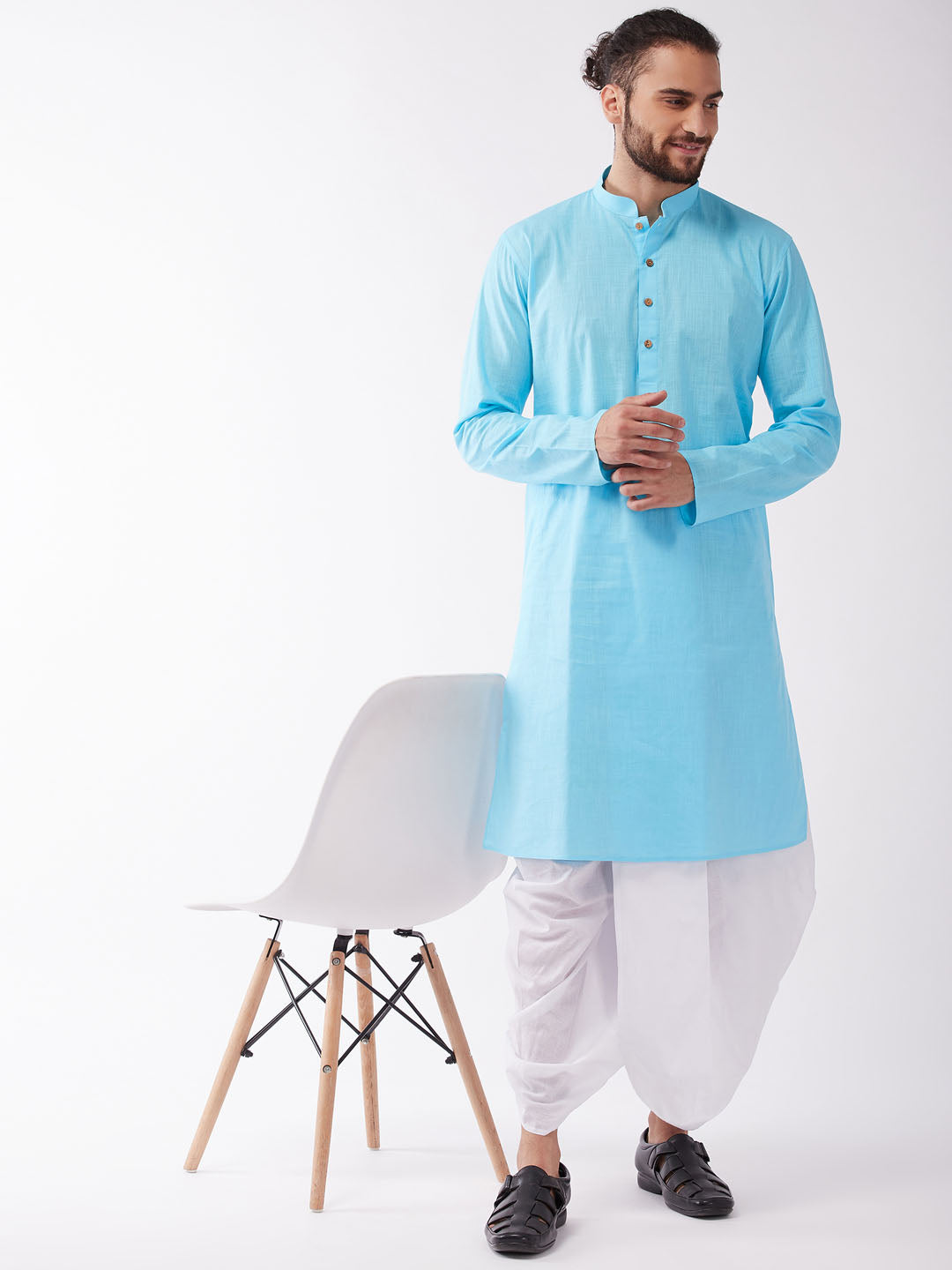 Men's Aqua Blue And White Cotton Blend Kurta And Dhoti Set