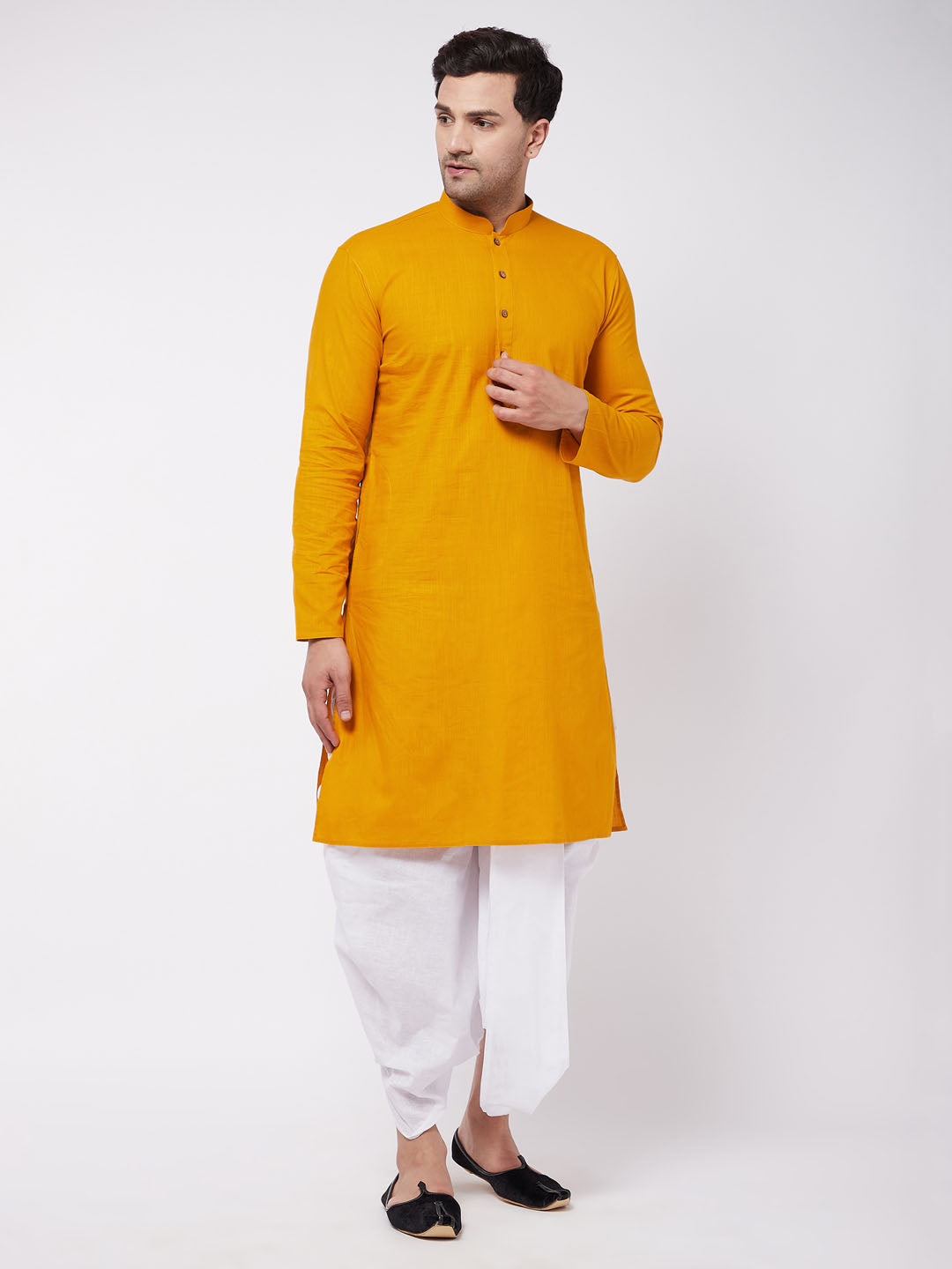 Men's Mustard And White Cotton Blend Kurta And Dhoti Set