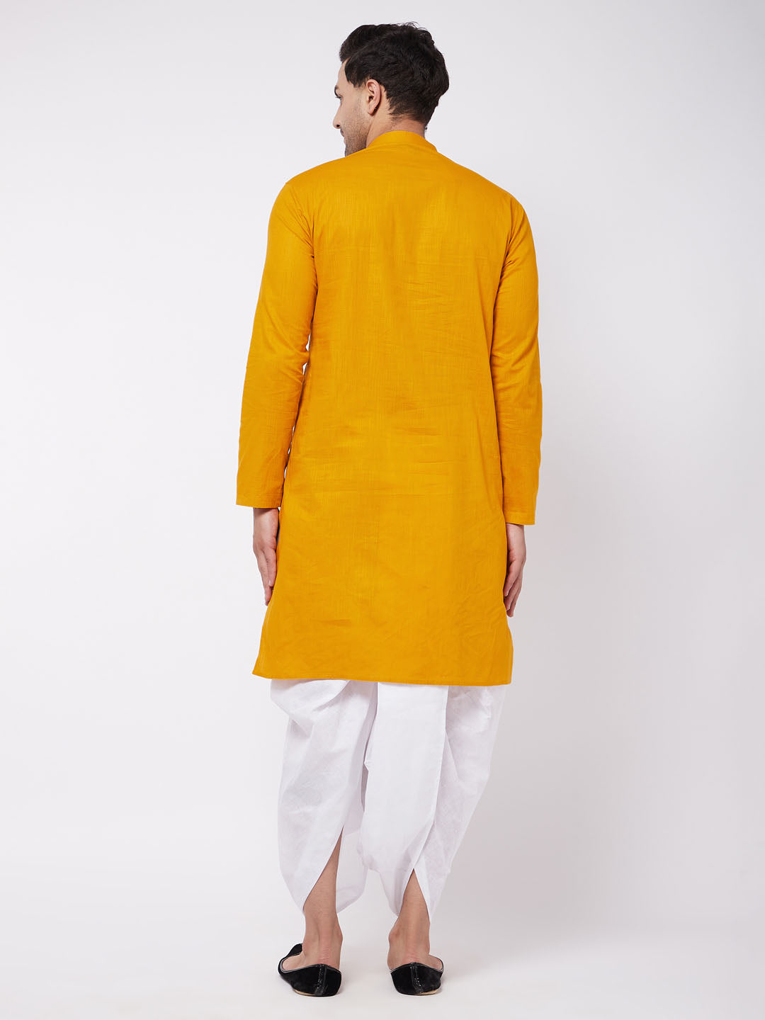 Men's Mustard And White Cotton Blend Kurta And Dhoti Set