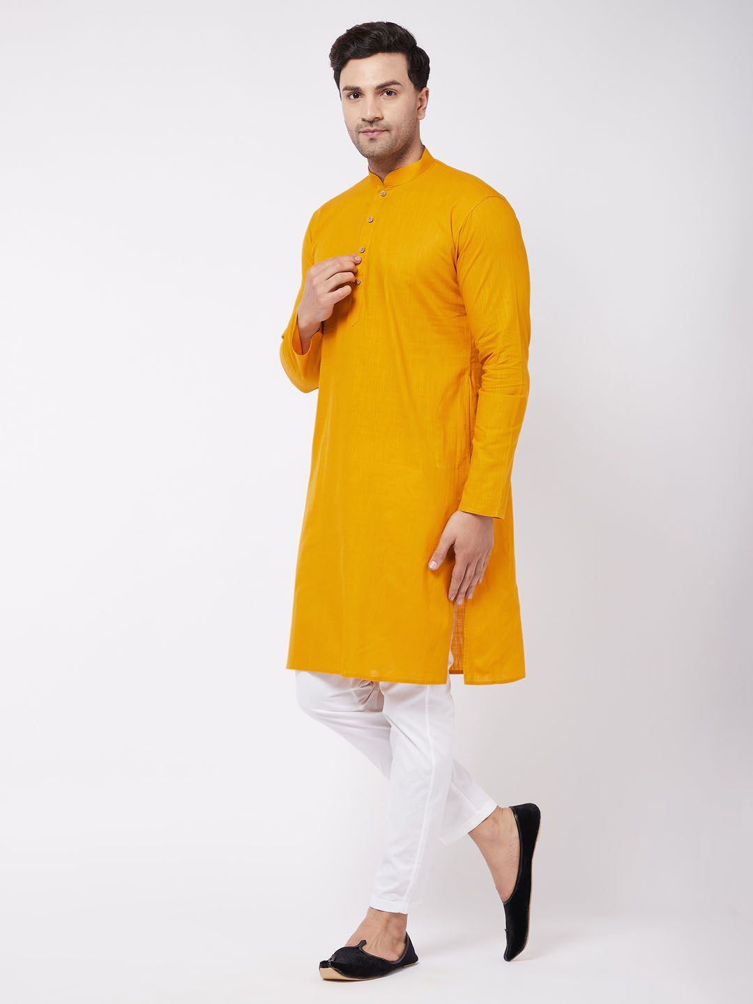 Men's Mustard And White Solid Cotton Blend Kurta With Cotton Pant Set