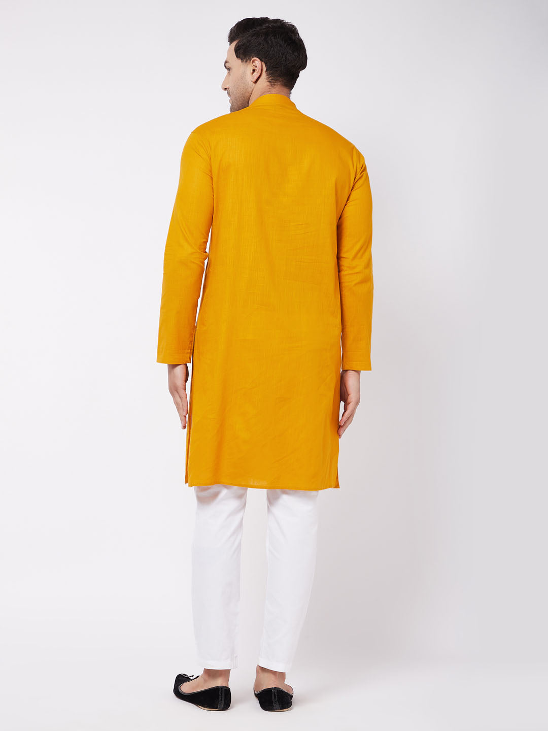 Men's Mustard And White Solid Cotton Blend Kurta With Cotton Pant Set