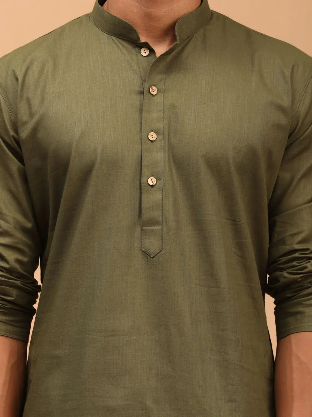 Men's Mehdi Green Solid Cotton Blend Kurta And White Dhoti Set