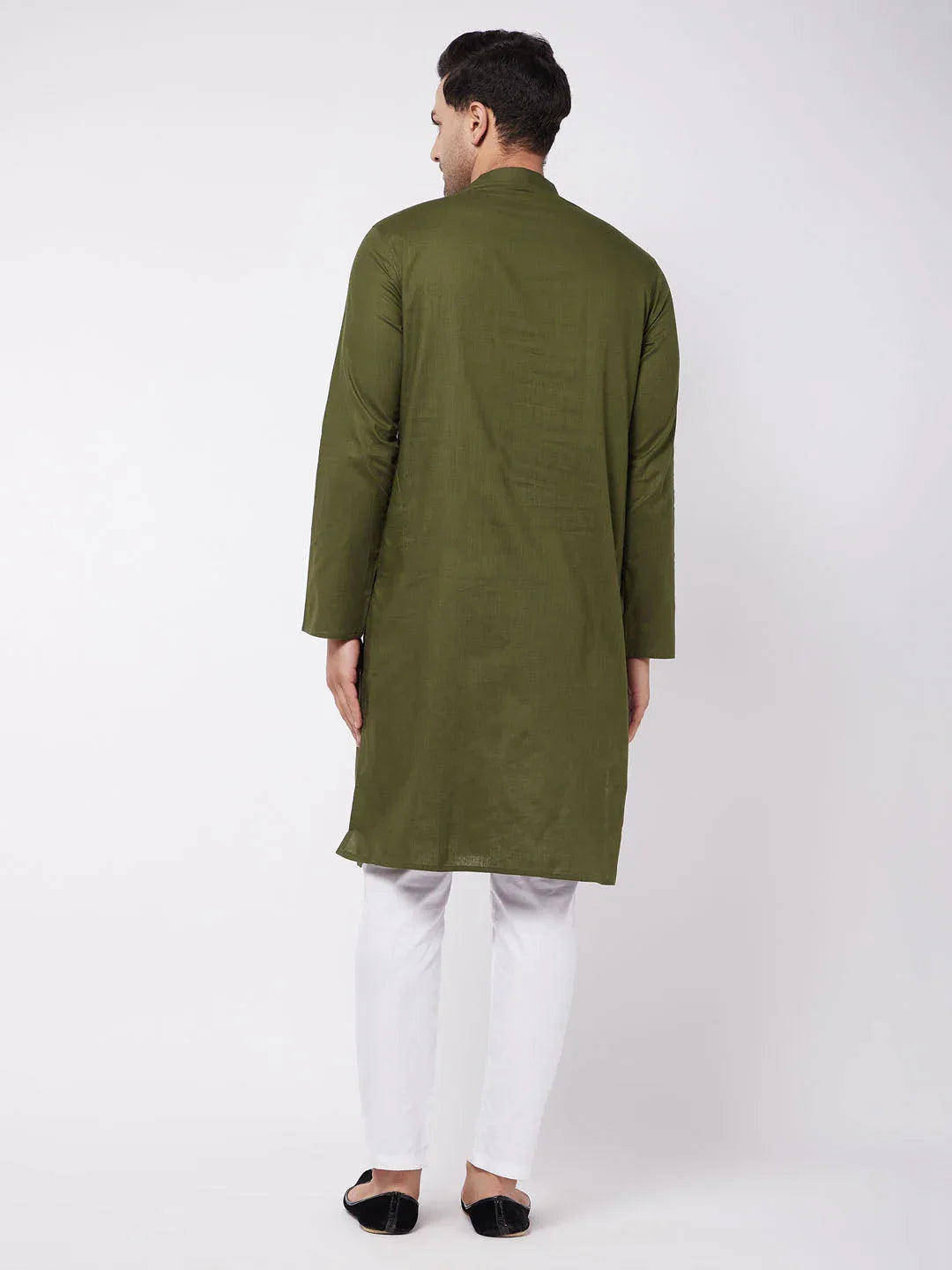 Men's Mehendi Green Solid Cotton Blend Kurta And White Pyjama Set