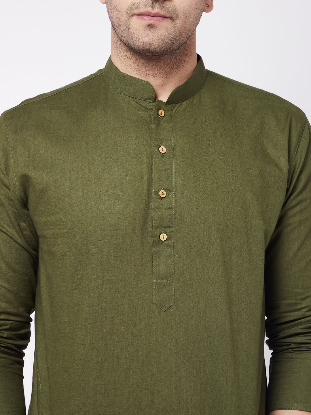 Men's Mehendi Green Solid Cotton Blend Kurta And White Pyjama Set