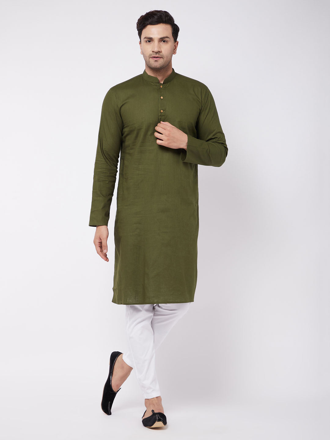 Men's Mehendi Green Solid Cotton Blend Kurta And White Cotton Pant Set