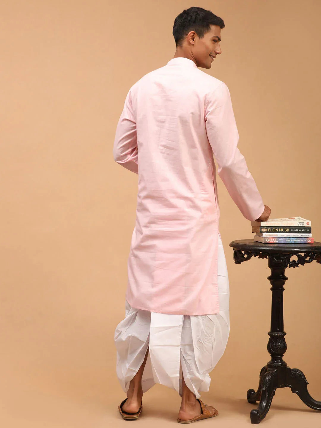 Men's Pink Cotton Kurta And White Solid Dhoti Set