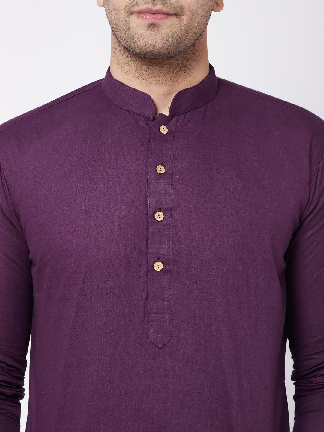 Men's Purple Solid Cotton Blend Kurta And White Pyjama Set