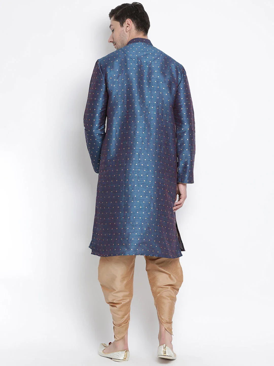 VASTRAMAY Men's Blue Zari Weaved Kurta Dhoti Set