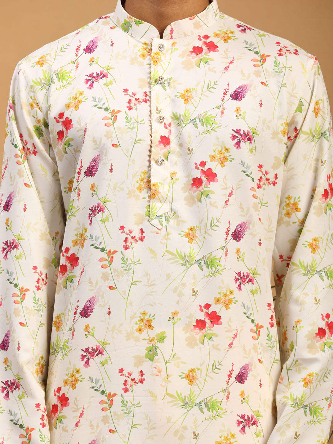 Men's Cream Printed Cotton Blend Kurta And Cream Viscose Pant Set