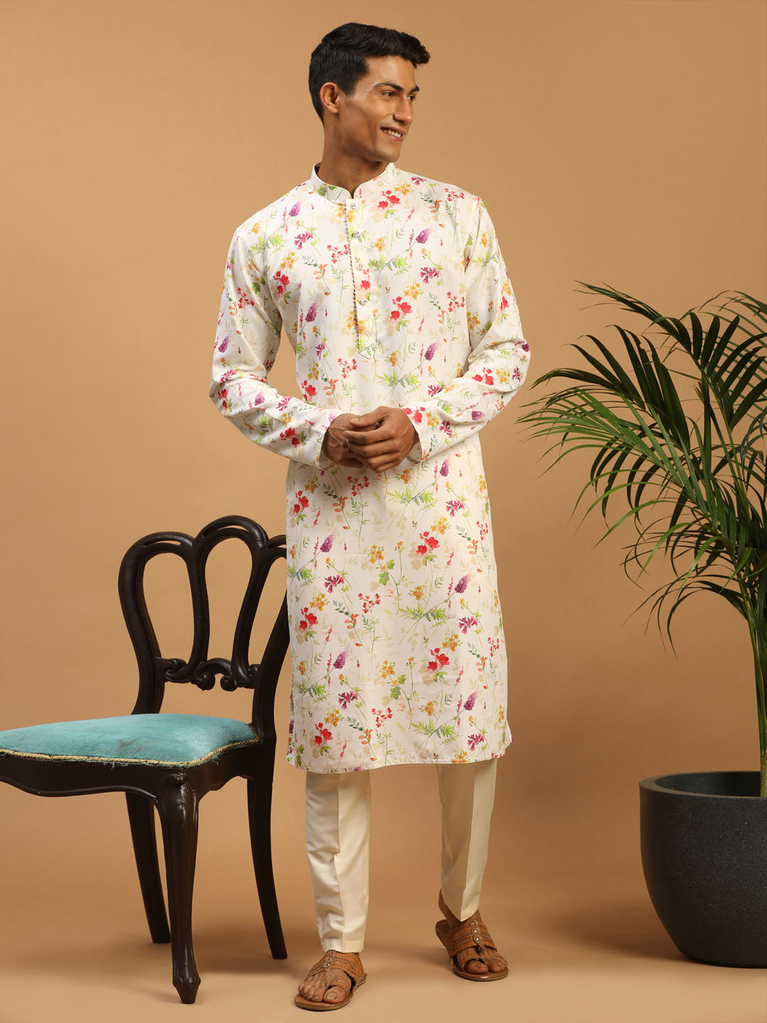 Men's Cream Printed Cotton Blend Kurta And Cream Viscose Pant Set
