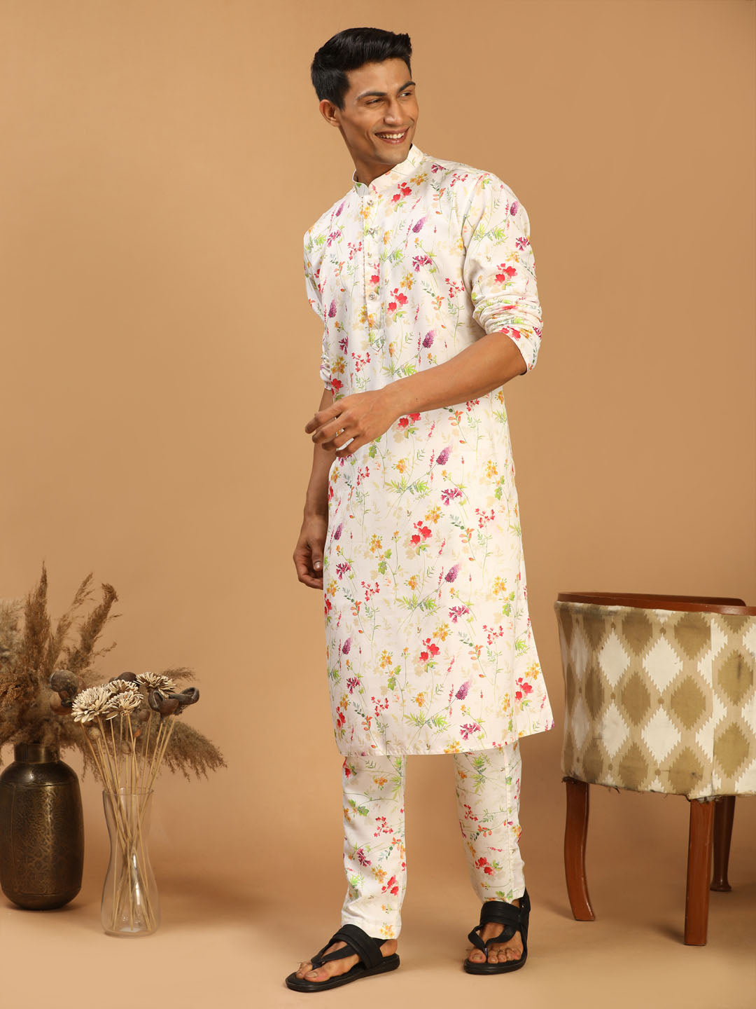 Men's Cream Printed Cotton Blend Kurta And Printed Matching Pant Set