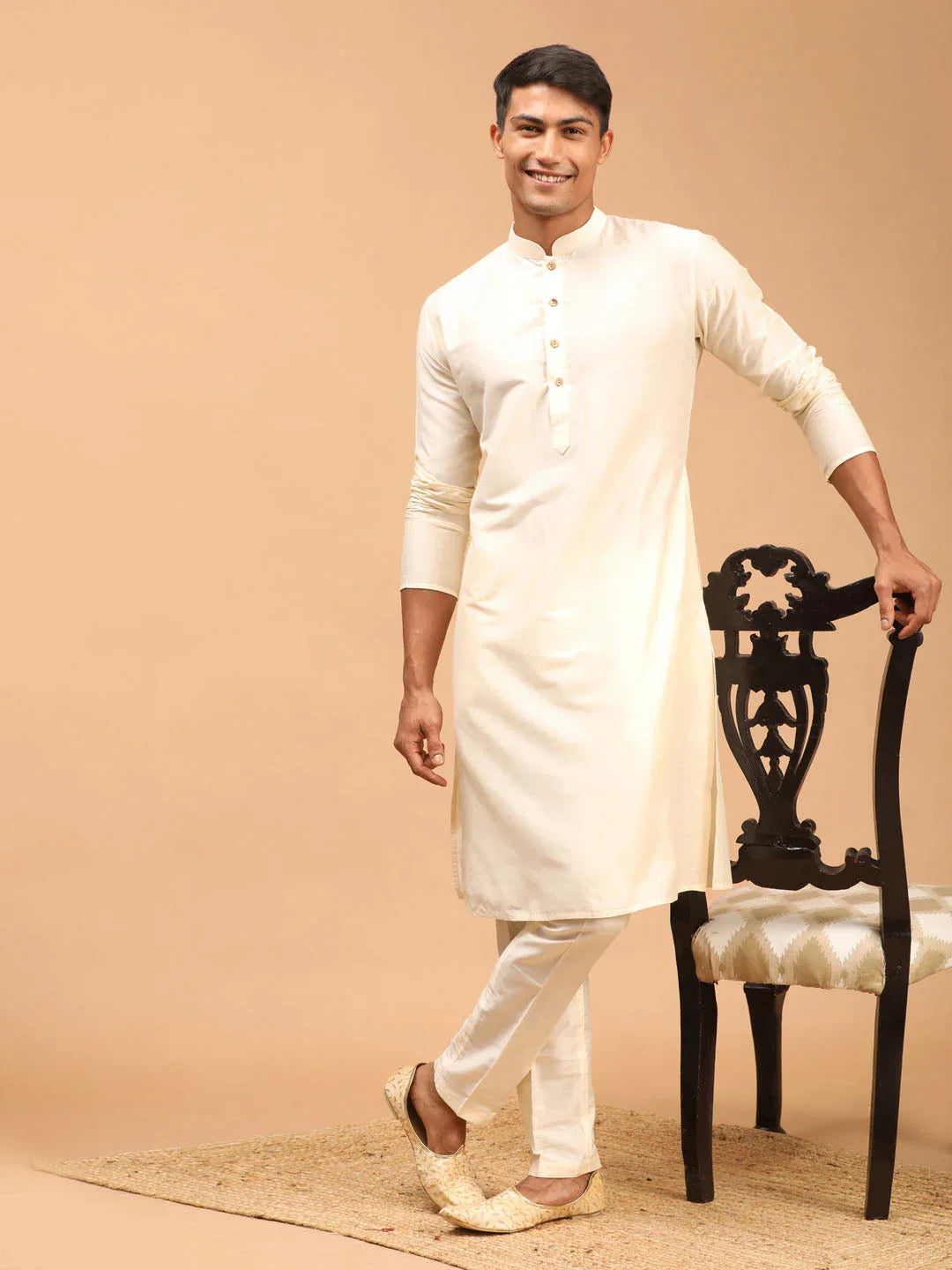 Men's Cream Viscose Rayon Kurta With Pant Style Pyjama Set