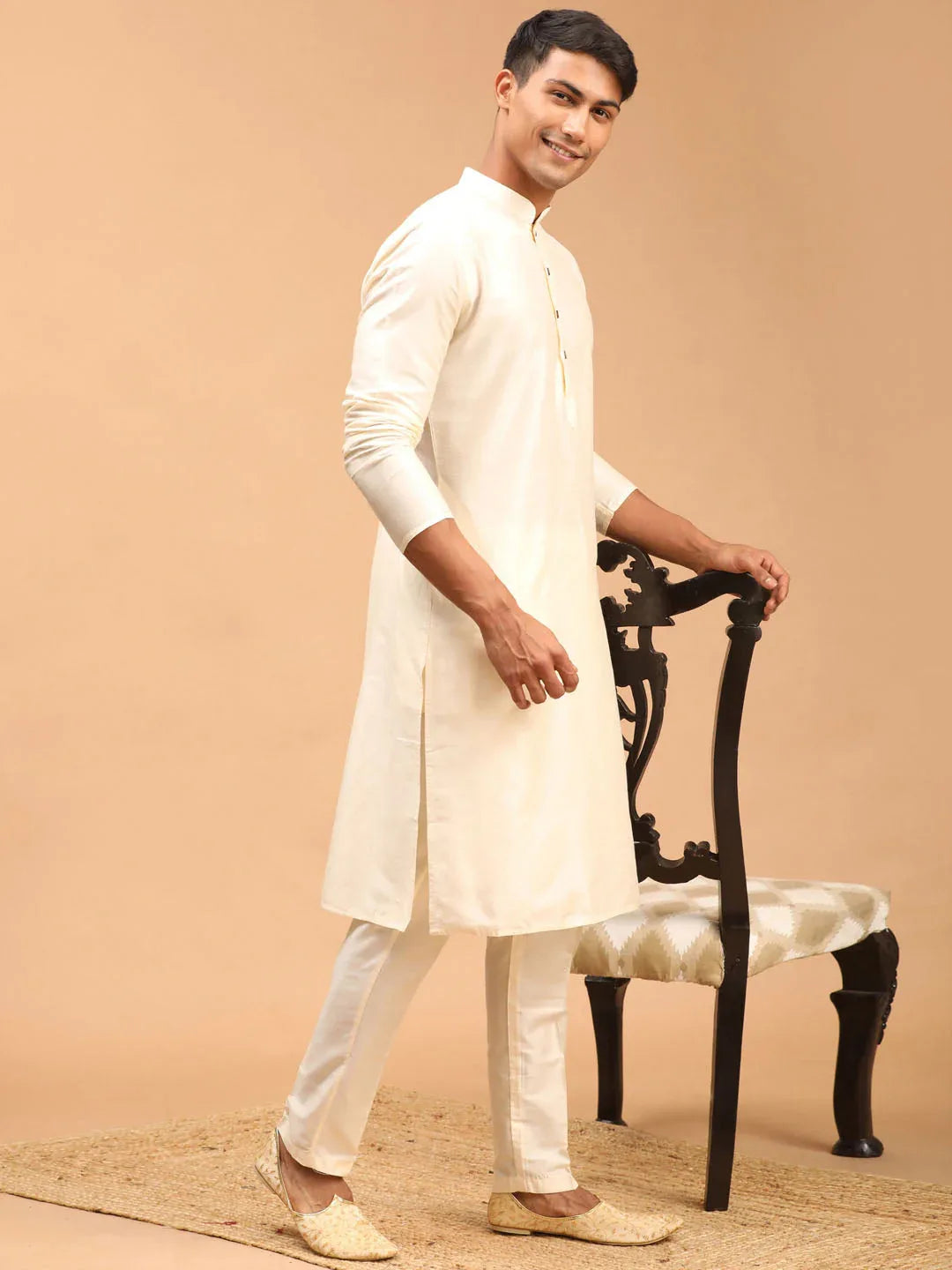 Men's Cream Viscose Rayon Kurta With Pant Style Pyjama Set