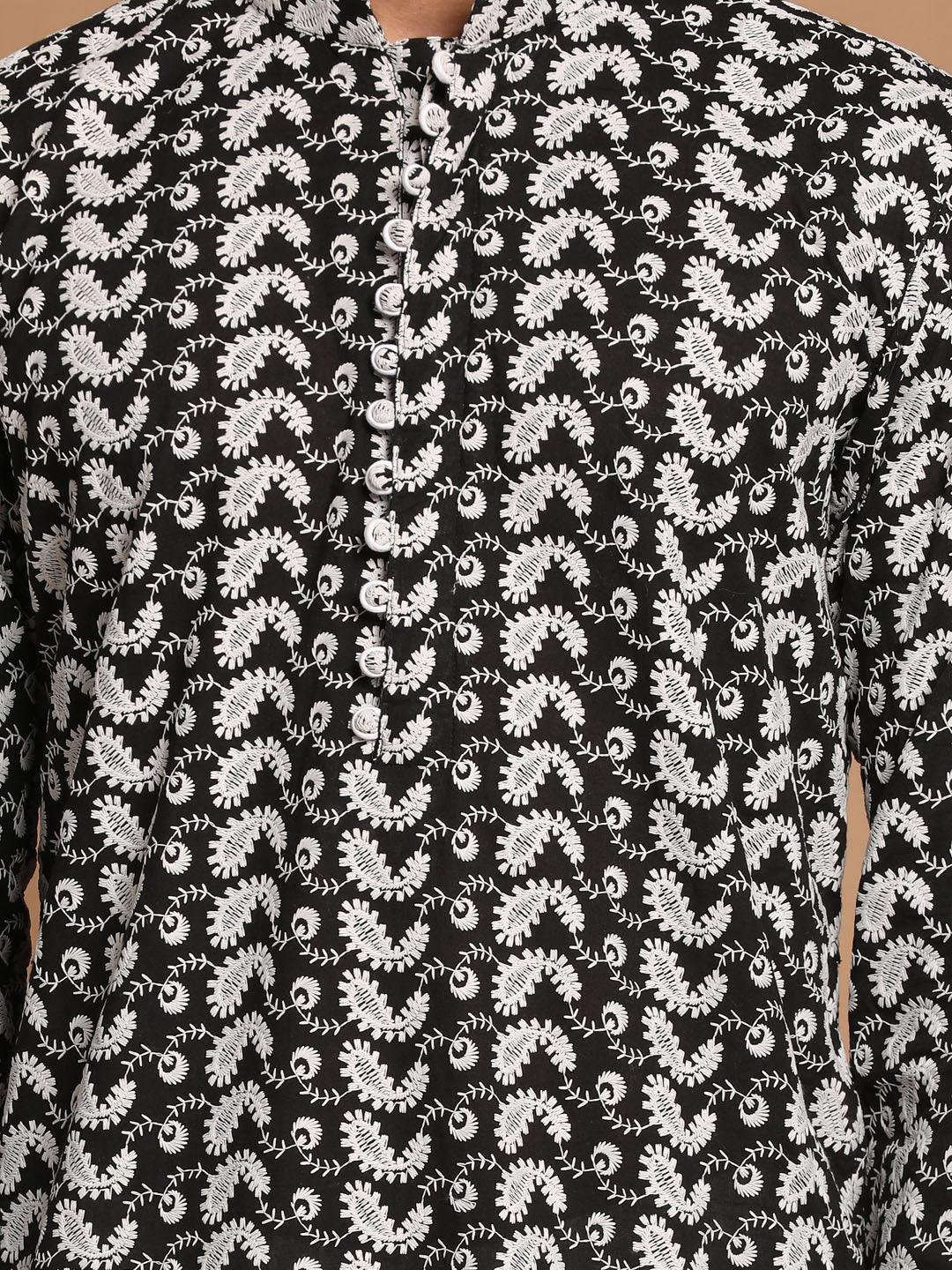 Men's Black Pure Cotton Chikankari Kurta With Patiala Set